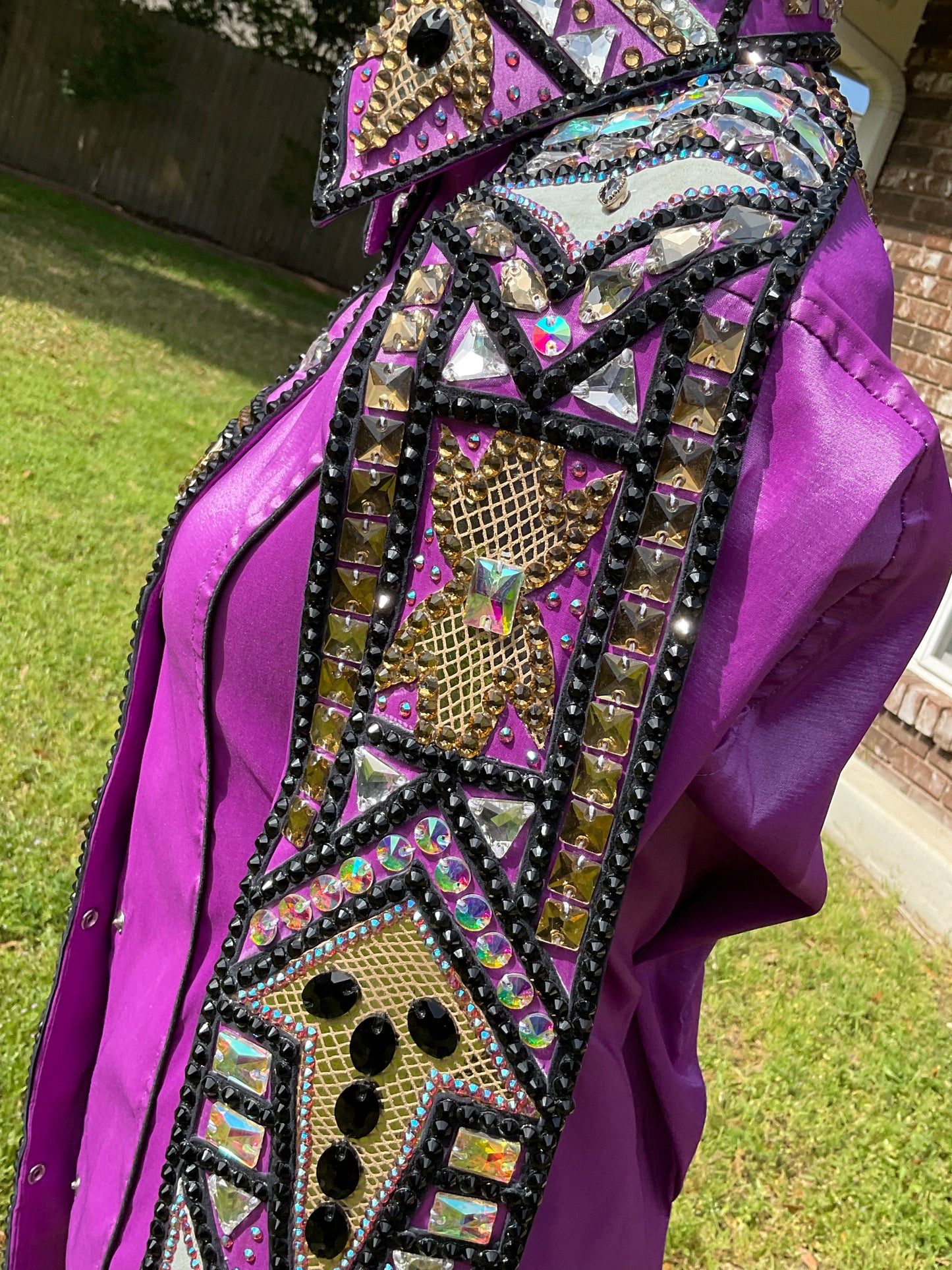 Size medium Purple stretch taffeta with silver, black and shades of gold
