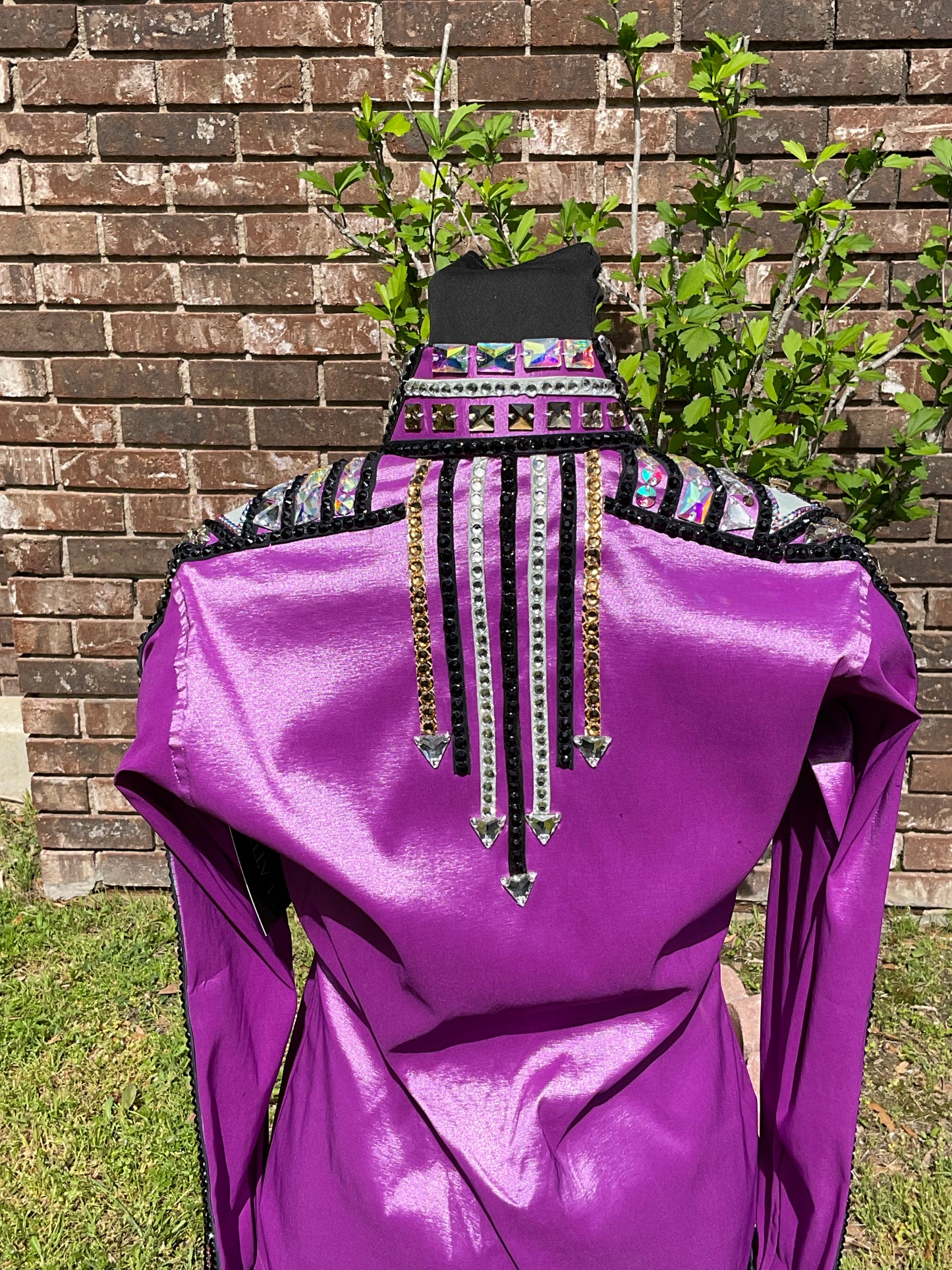 Size medium Purple stretch taffeta with silver, black and shades of gold