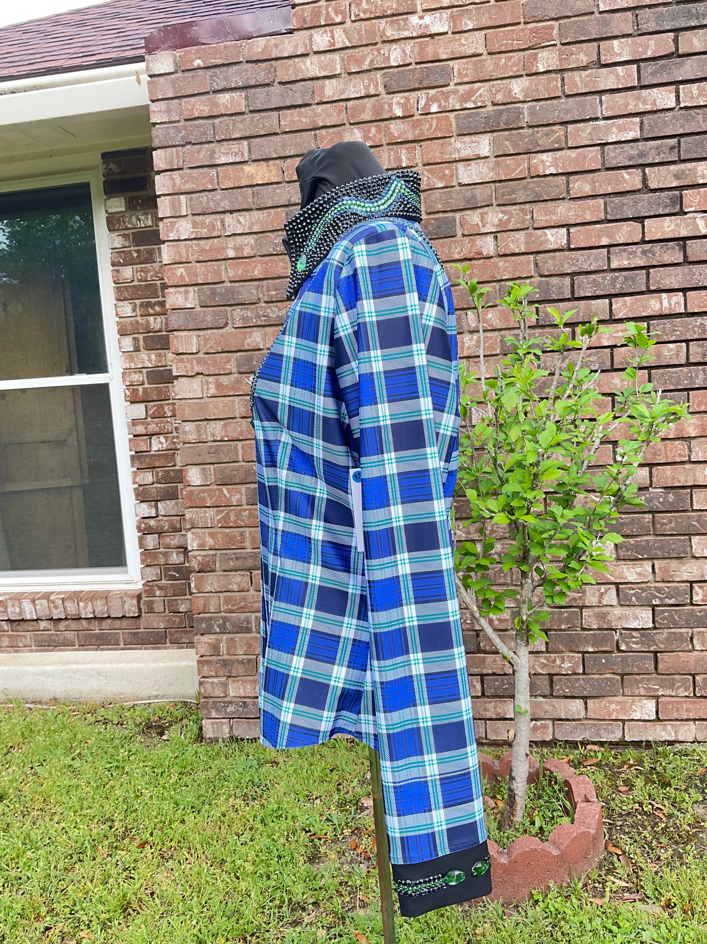 Size medium stretch Blue and White Plaid with Grean and black