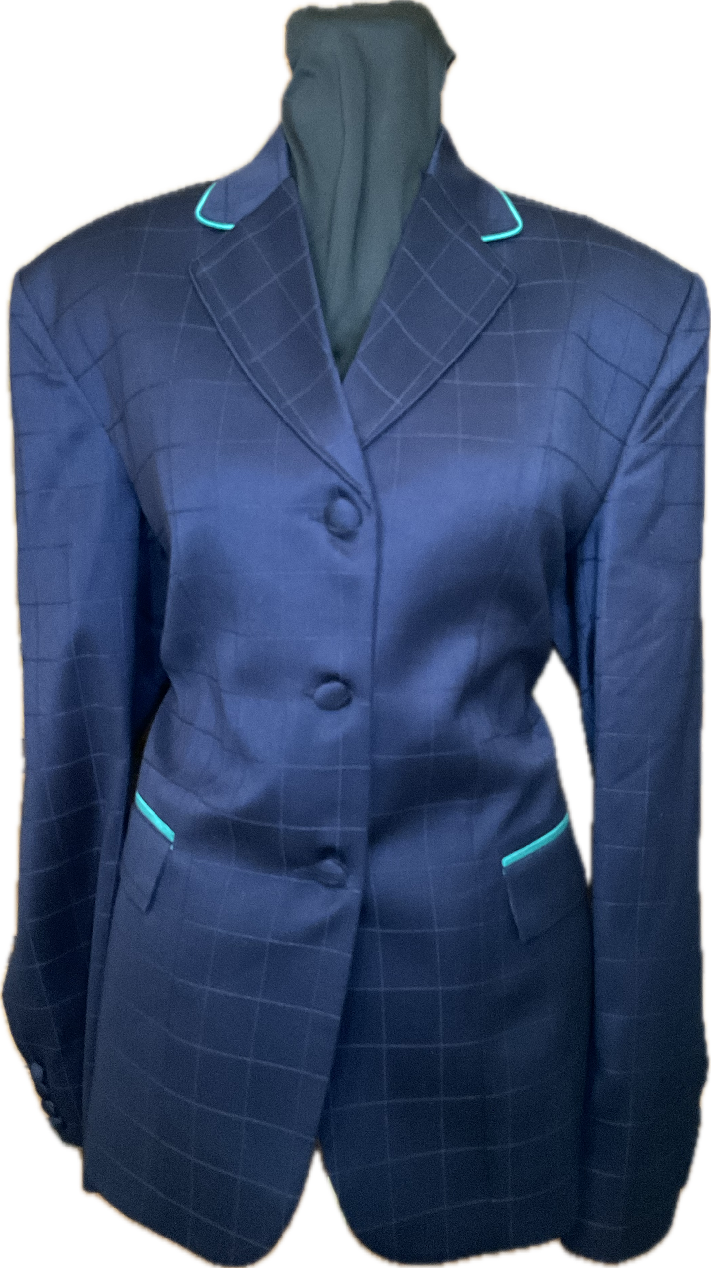 *38 Bust* Navy Blue Plaid with Matching Velvet Collar and Aqua Piping