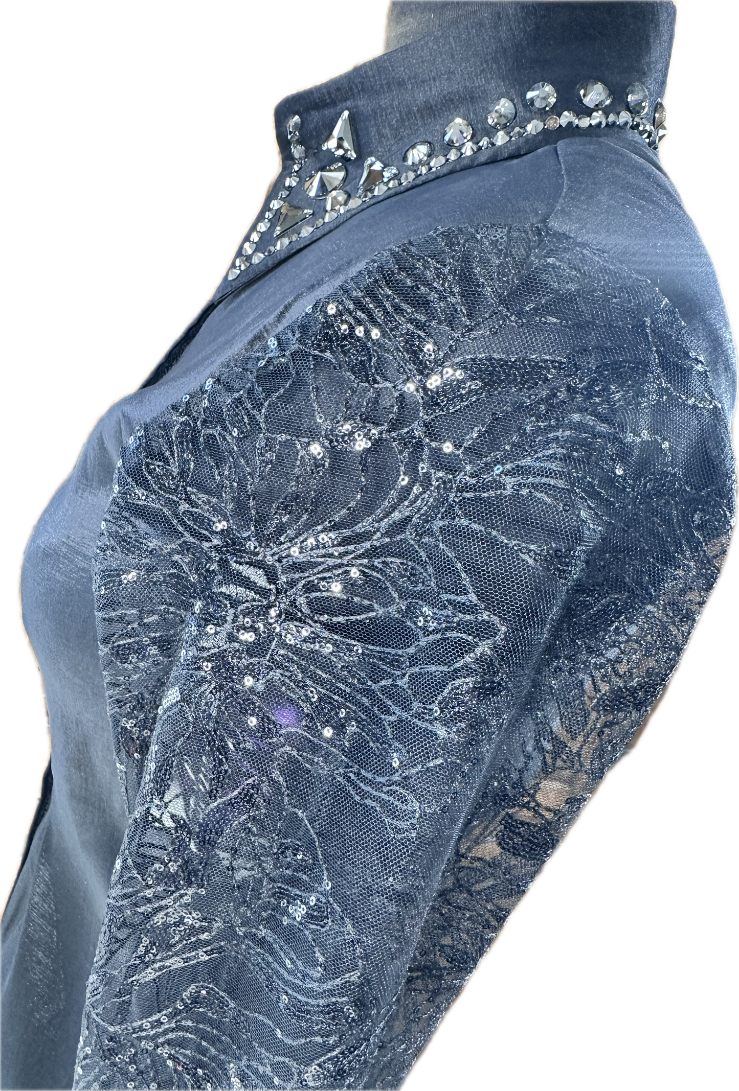 Size small day shirt stretch taffeta black with sheer floral sequin sleeves
