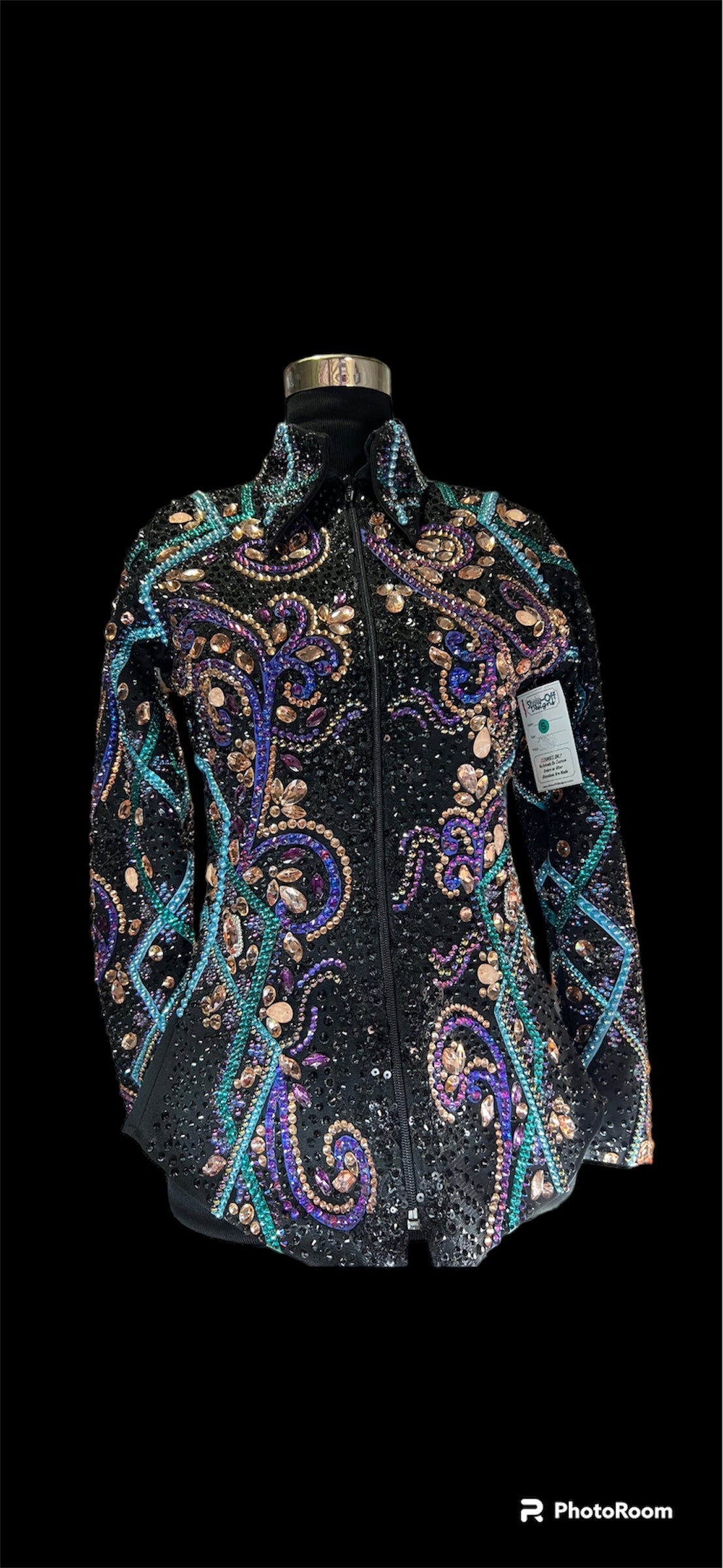 Small Showmanship Jacket. Black with purple, rose gold, teal.