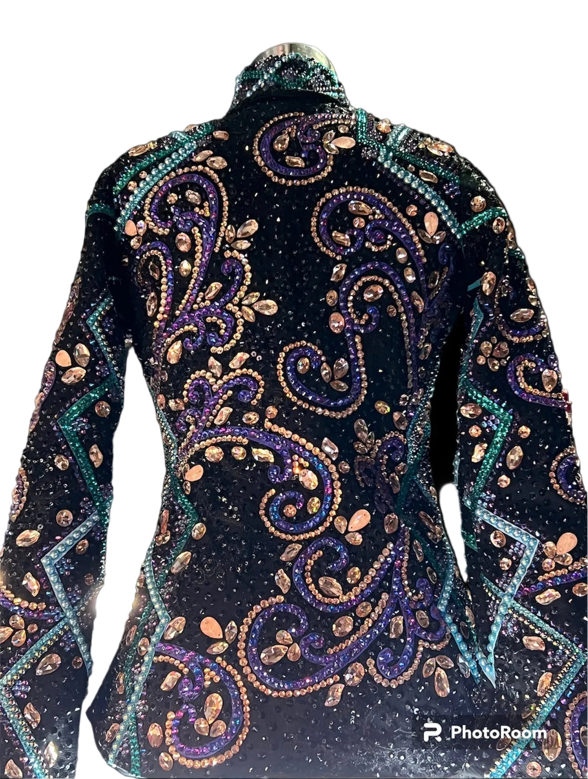Small Showmanship Jacket. Black with purple, rose gold, teal.