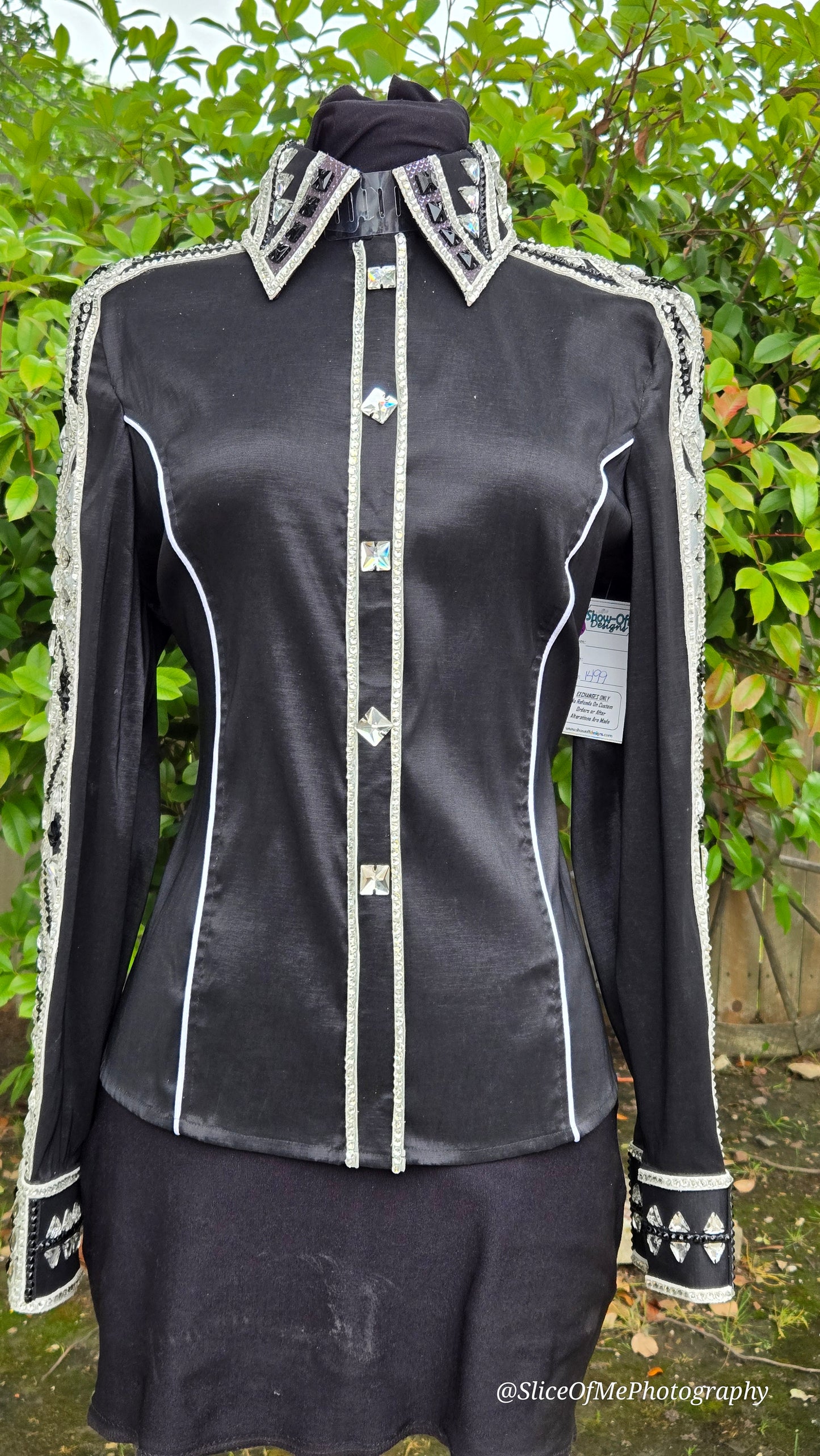 XL Black Day Shirt stretch taffeta with silver and clear stones