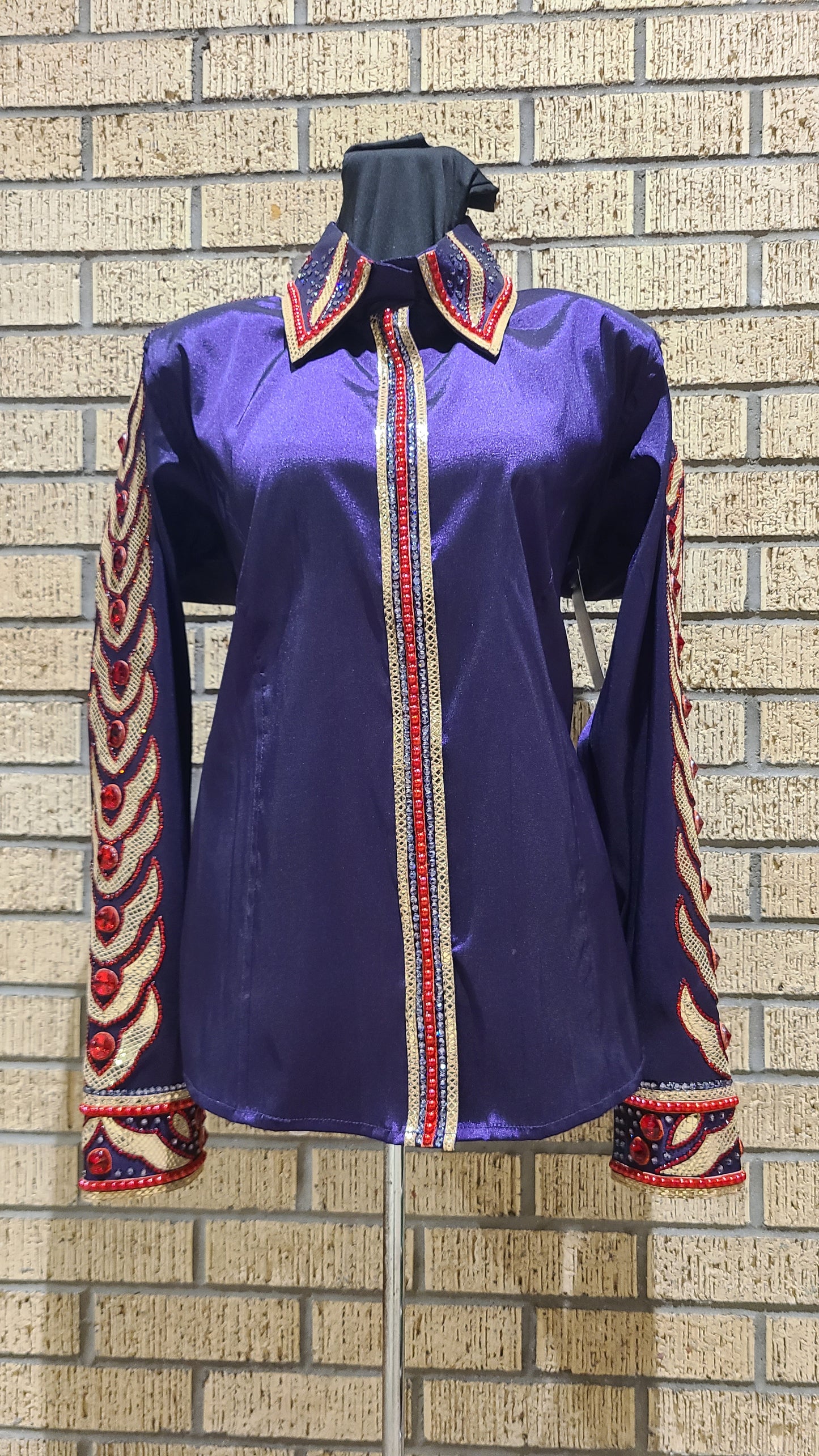 XL Day Shirt purple stretch taffeta with gold and red designs