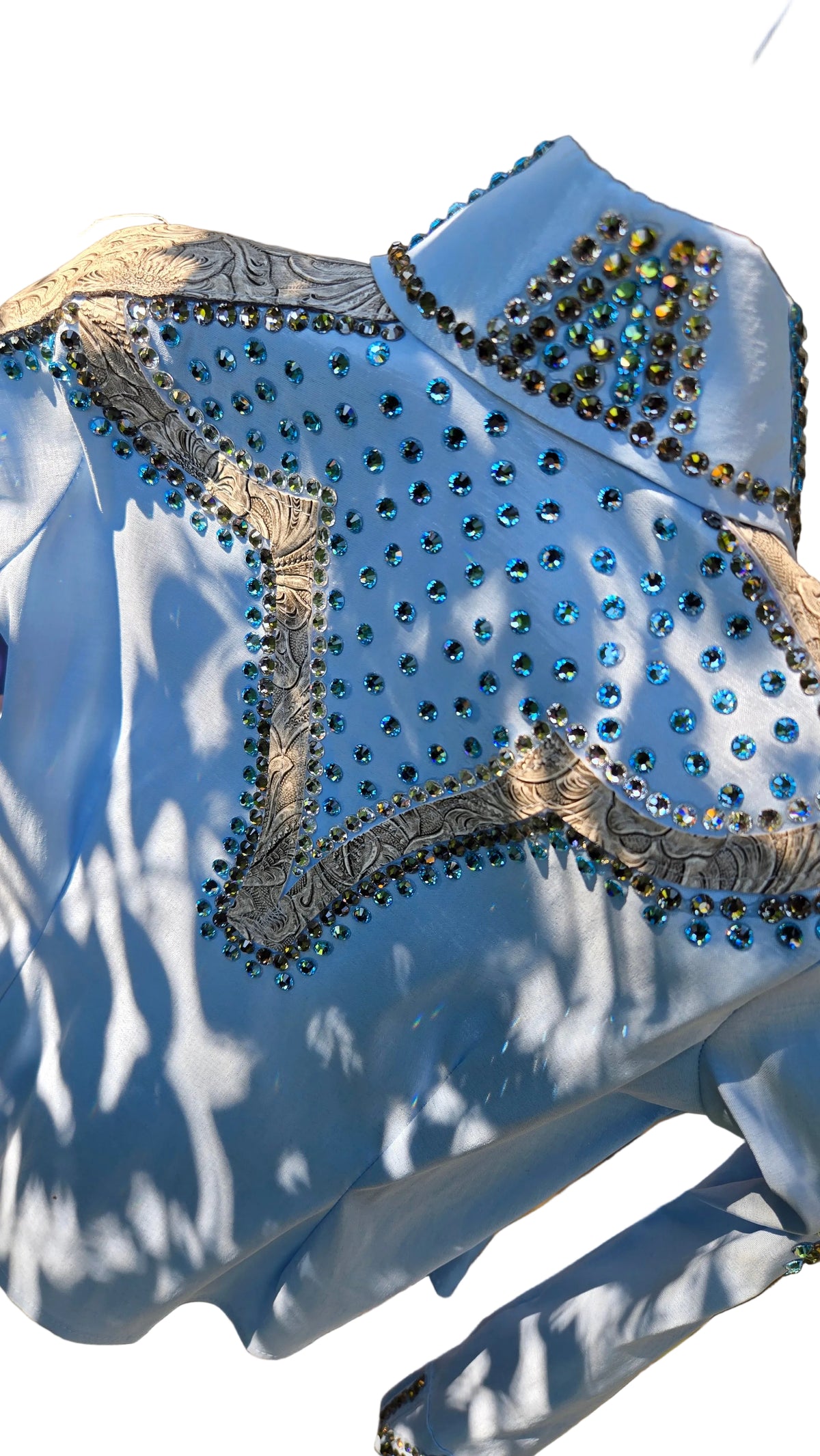 Kids 4 Crystal Ice Blue Stretch Taffeta Day Shirt Clear, and Matte Metallic Silver with paisley texture pattern