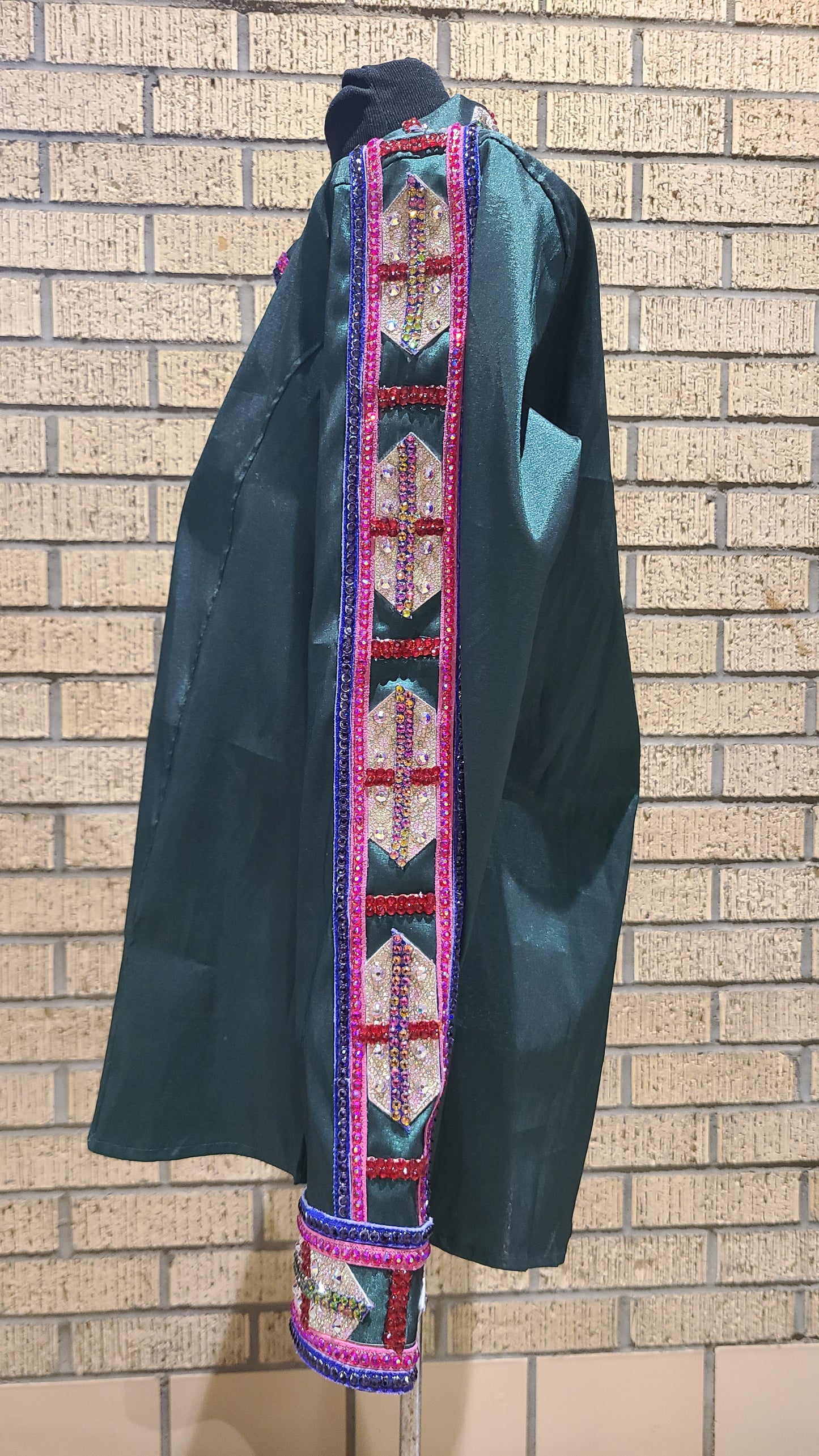 XL Hunter Green Day Shirt stretch taffeta with pink and purple