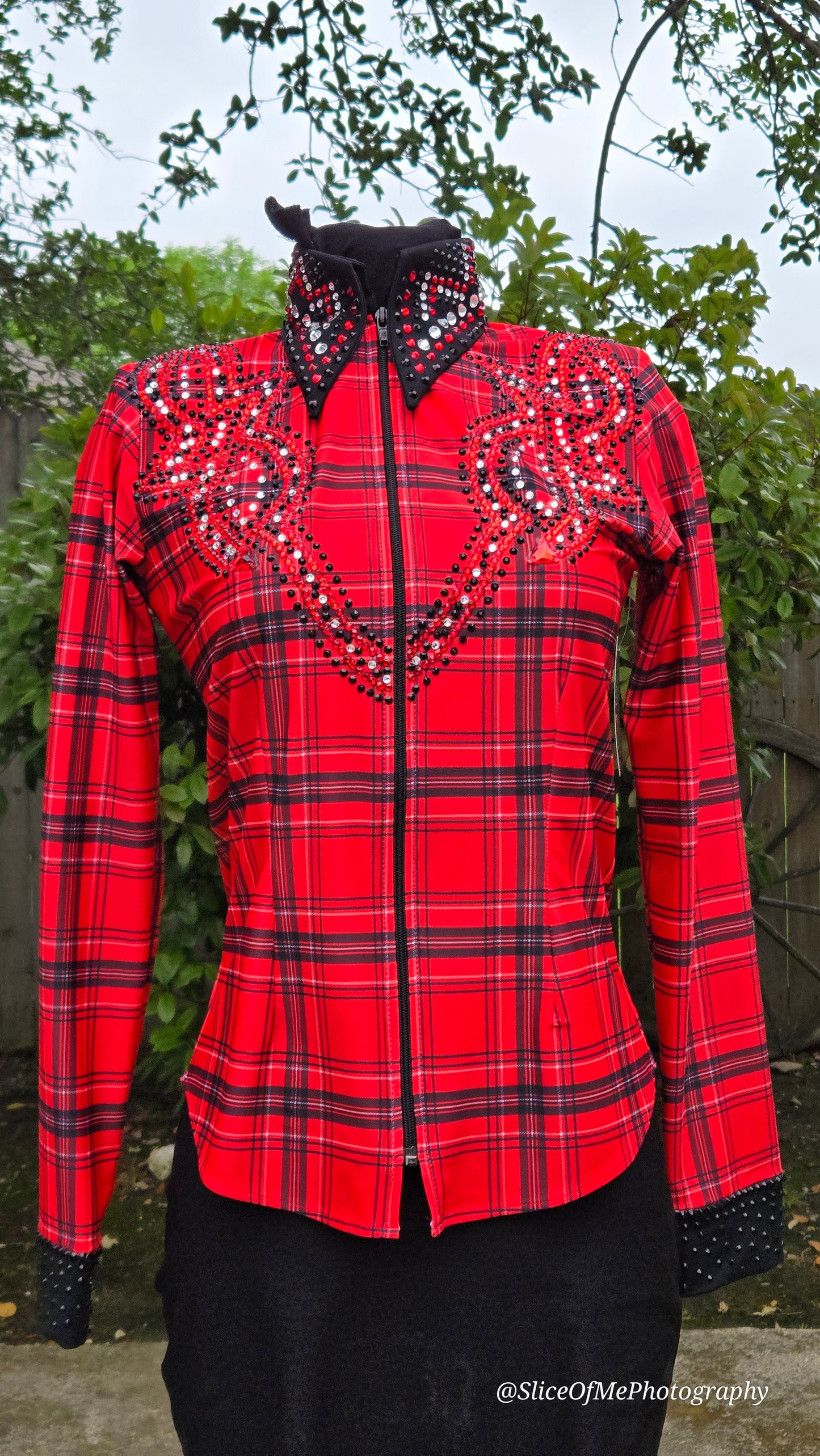 Size Medium Red Plaid stretch with clear crystals