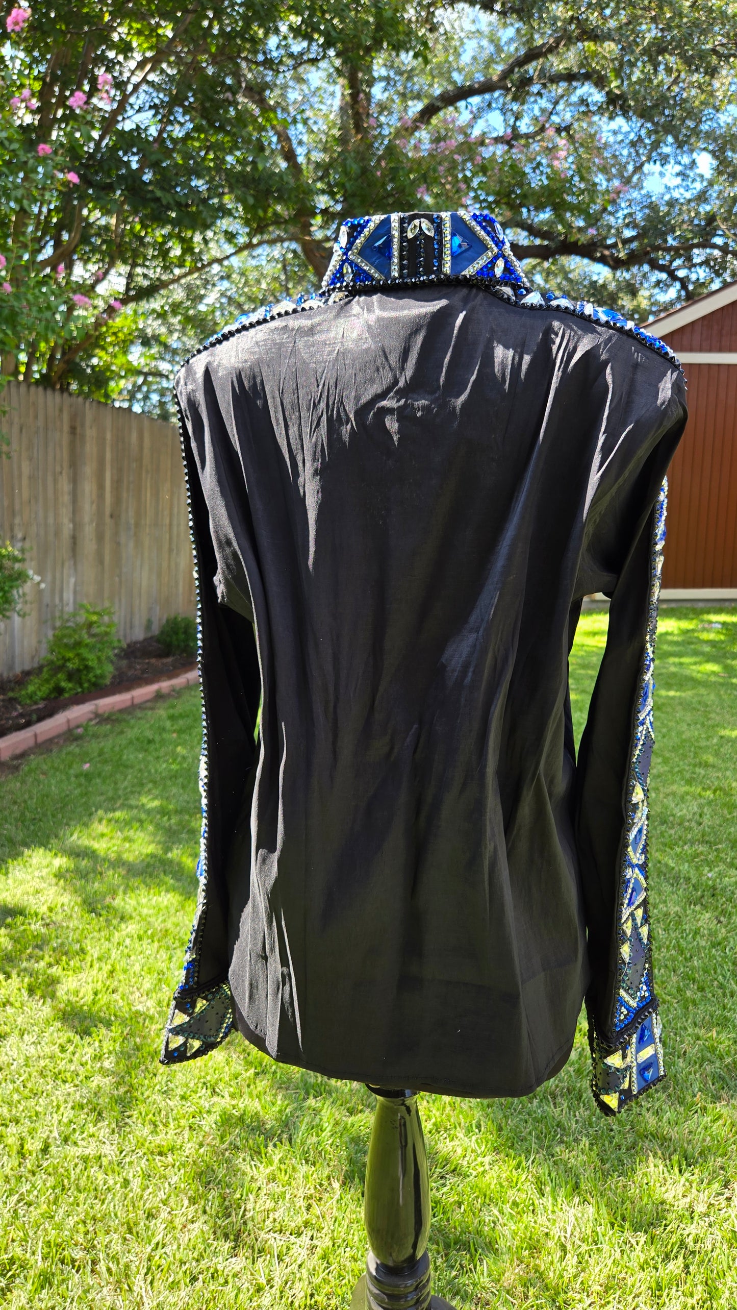 XXL Black Stretch Taffeta Day Shirt with silver, royal blue, Indigo and clear