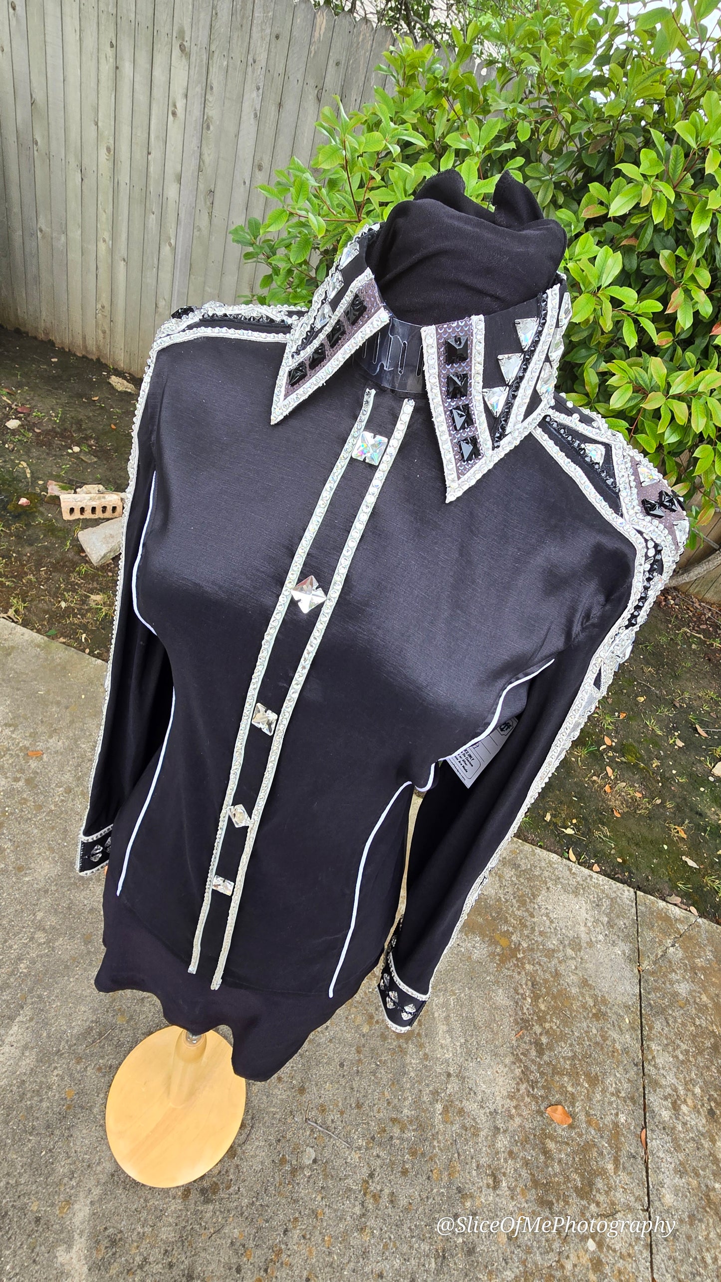XL Black Day Shirt stretch taffeta with silver and clear stones