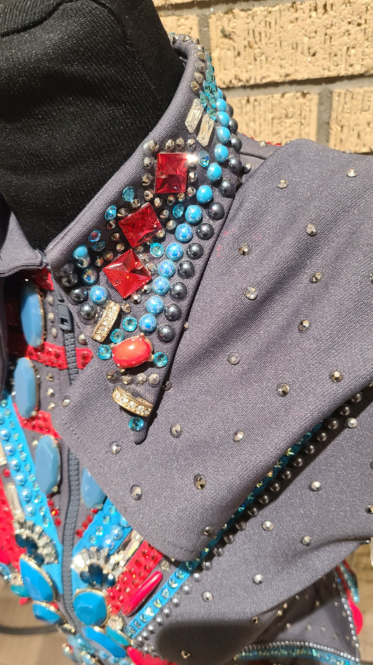 Grey showmanship/riding jacket with red and soft  turquoise