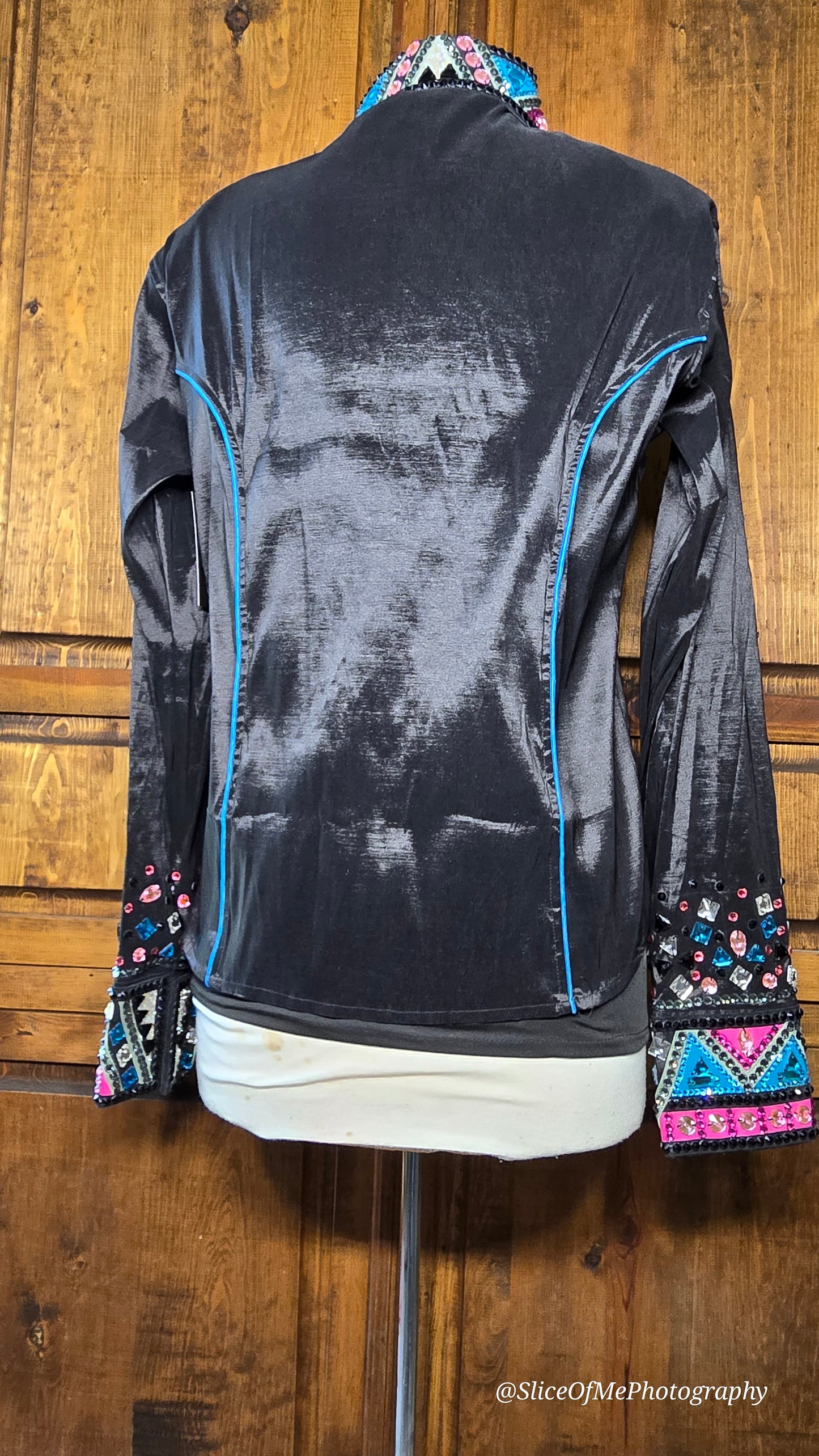 Large Stretch Taffeta Black Day Shirt with turquoise, hot pink matte silver, clear
