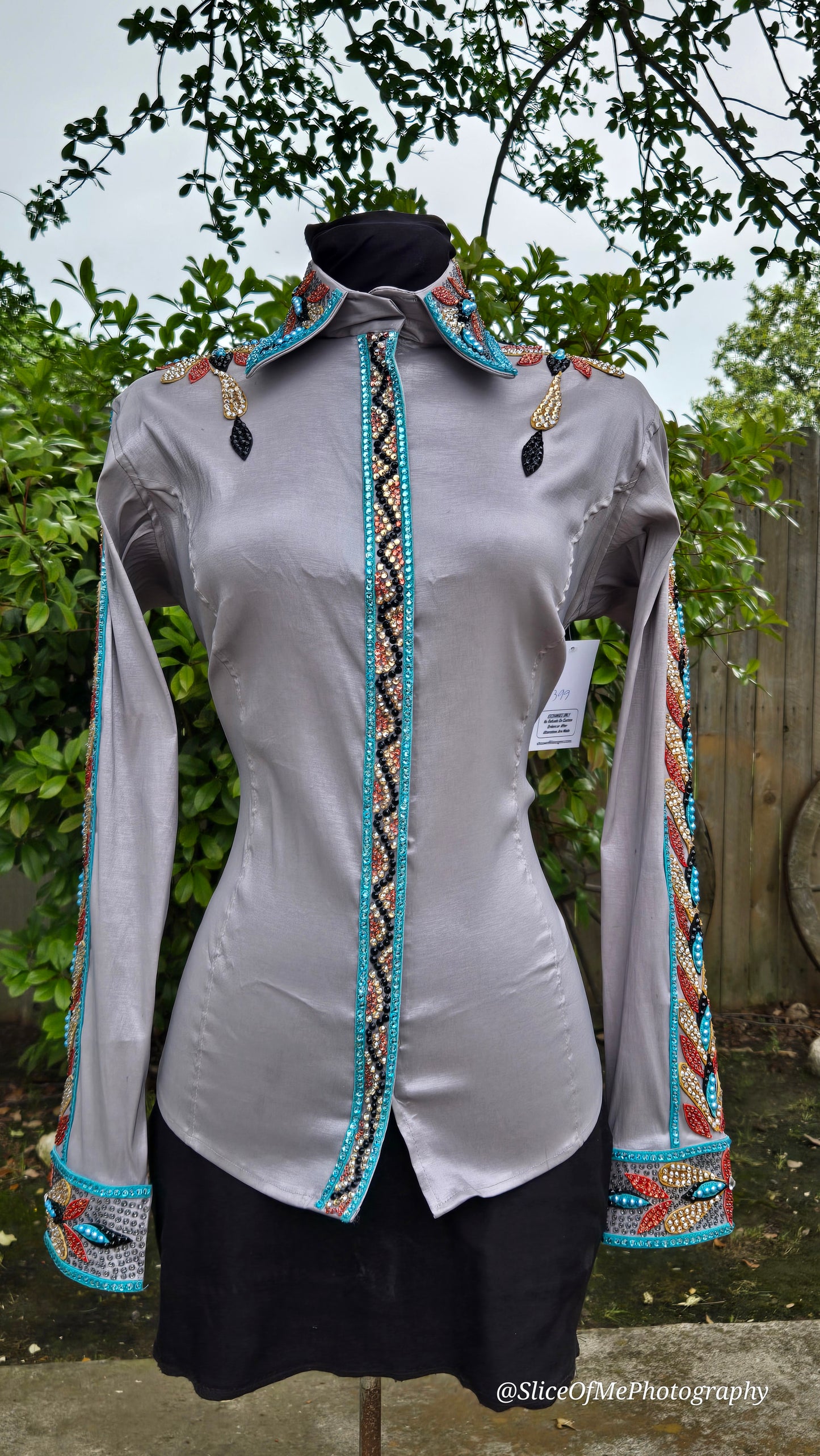 XL Day Shirt Grey stretch taffeta with turquoise, gold, and clear crystals