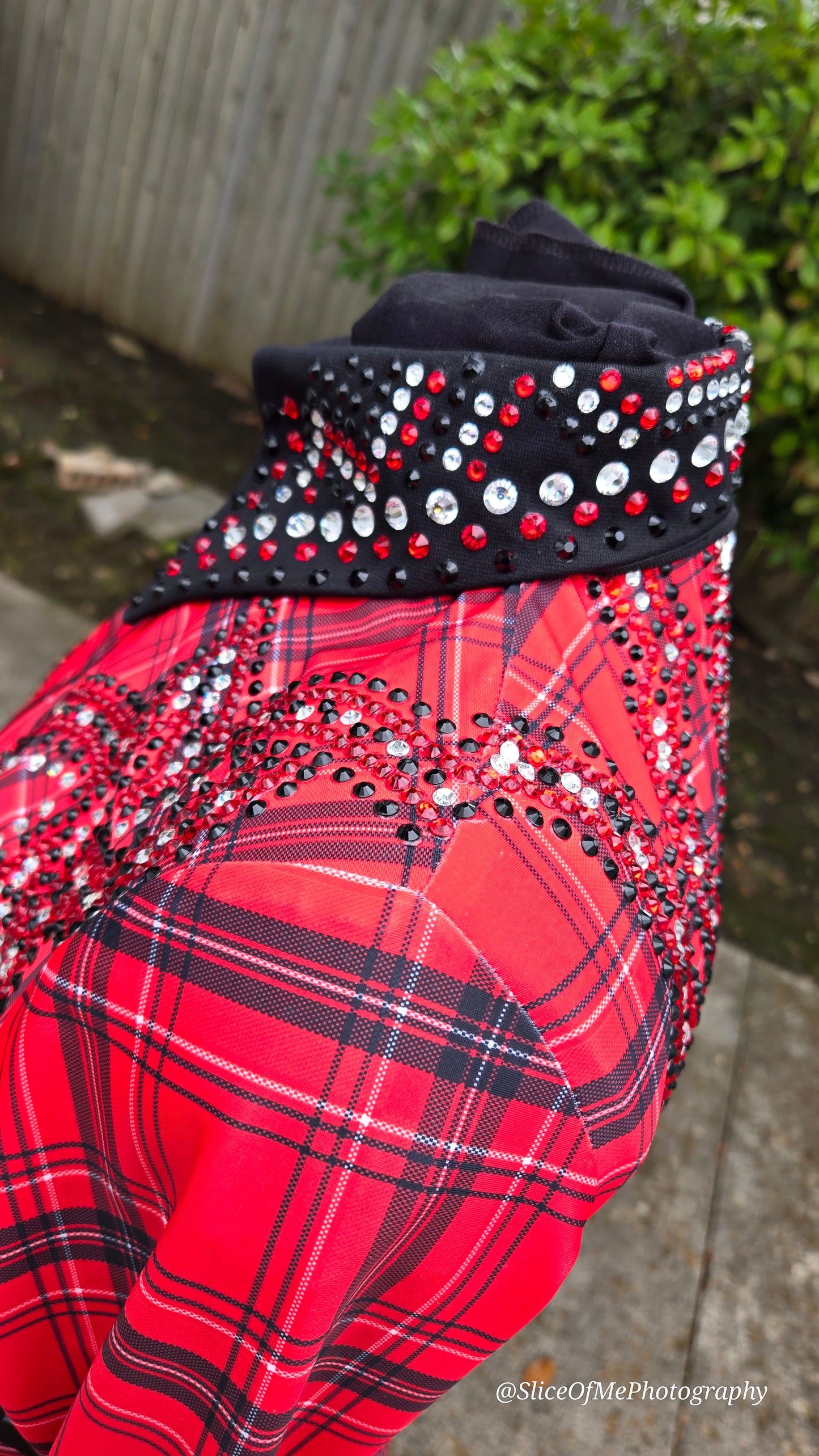 Size Medium Red Plaid stretch with clear crystals