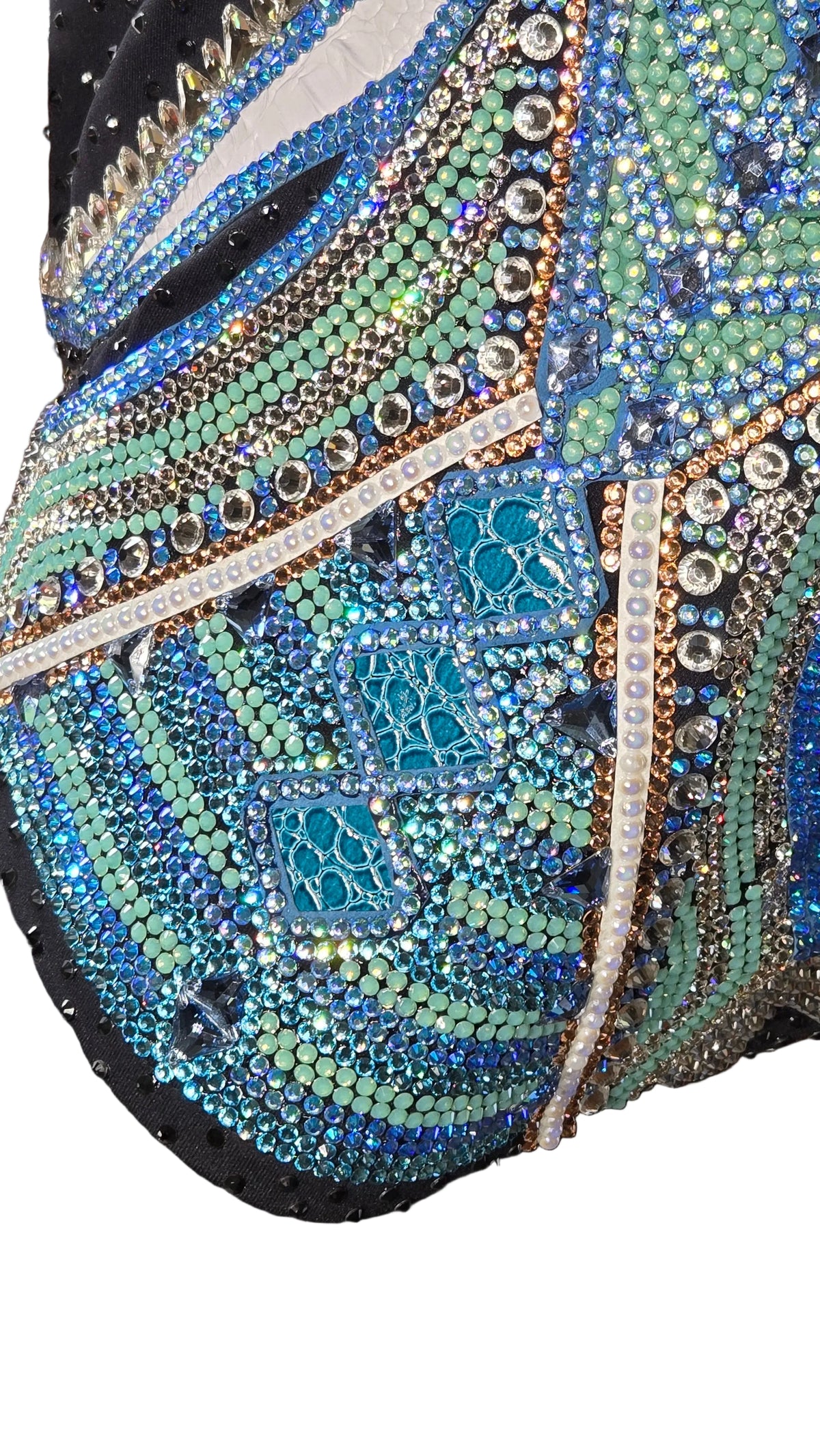 XL Black vest with brown gold mauve, metallic silver, sea foam, white