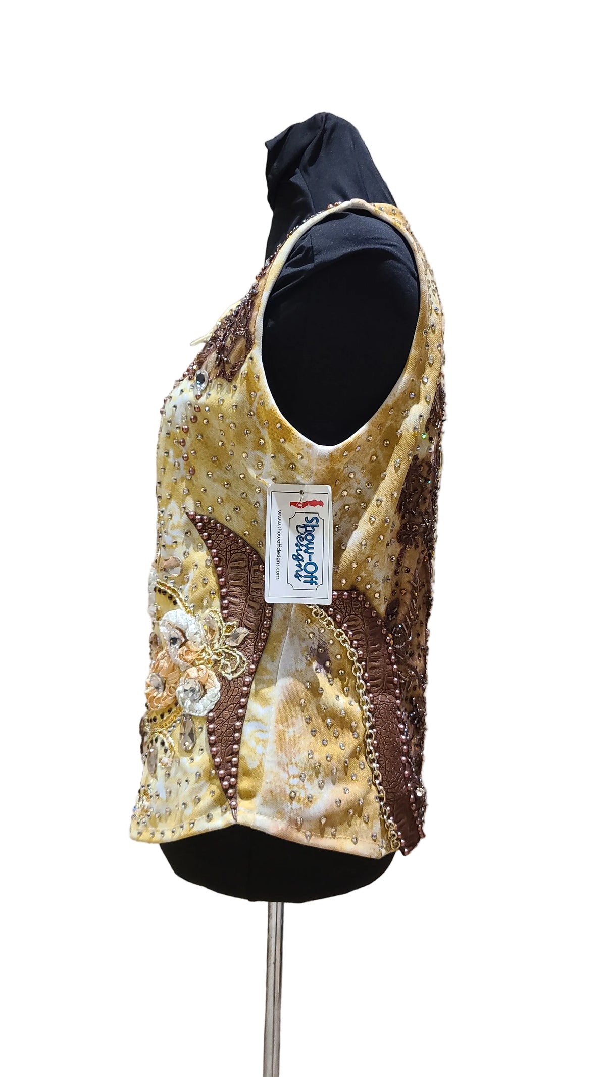 Size small gold airbrushed design with brown leather and golds