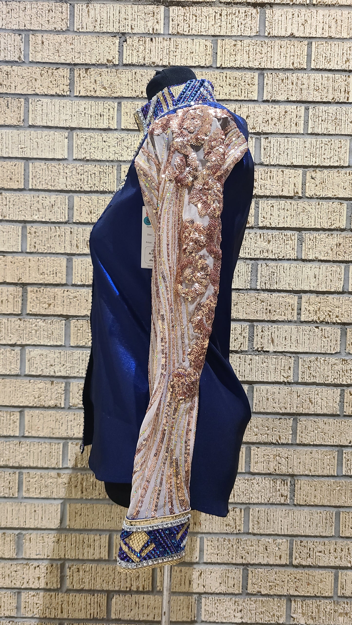 size small cobalt day shirt stretch taffeta with rose gold sequins, and putple