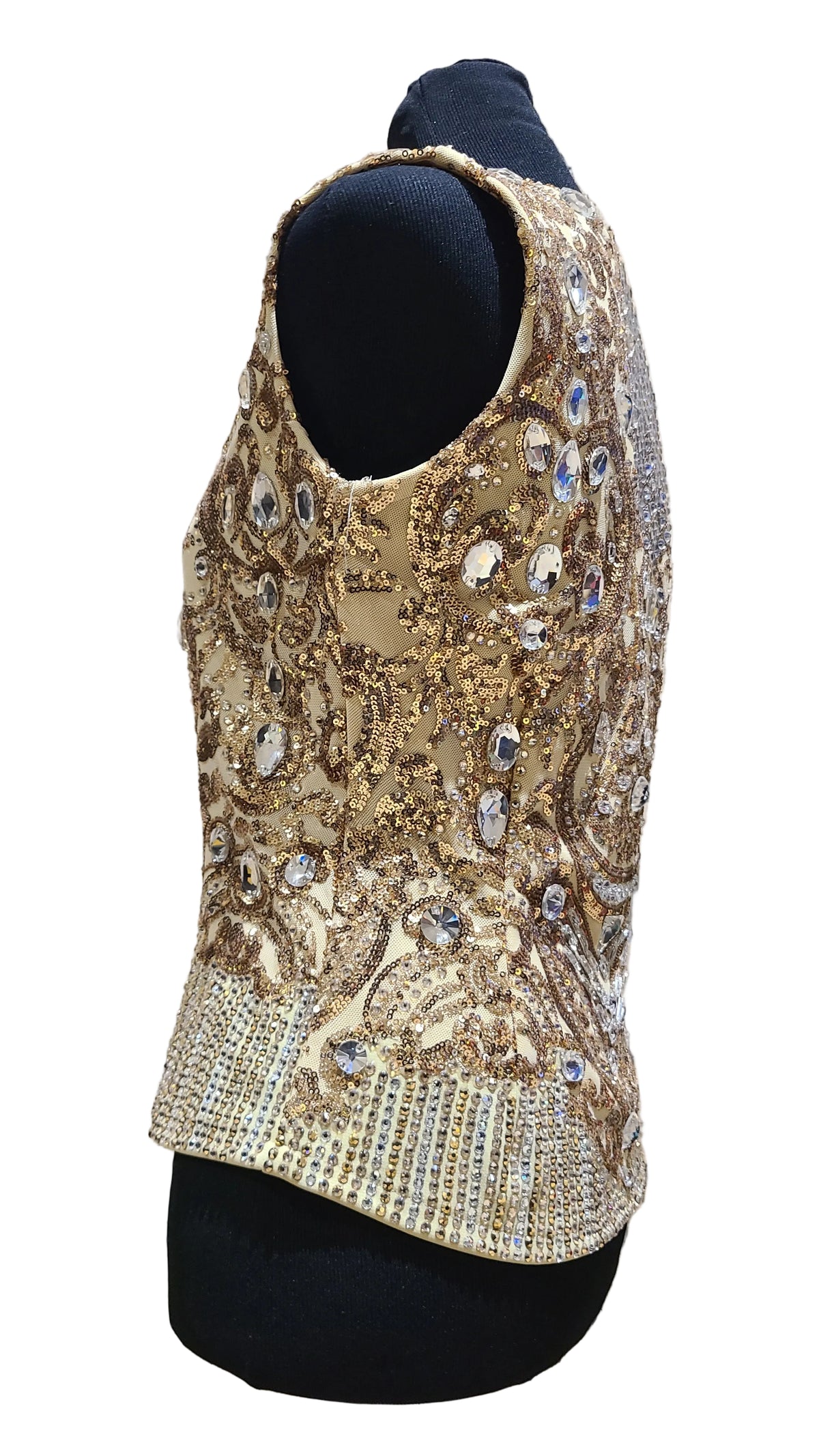 Size small gold sequin vest with clear crystals
