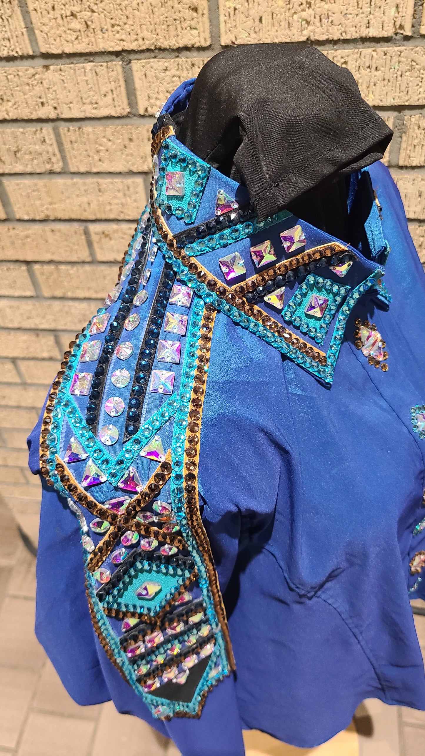 XXL blue Day Shirt hidden zipper stretch taffeta with turquoise, and brown gold