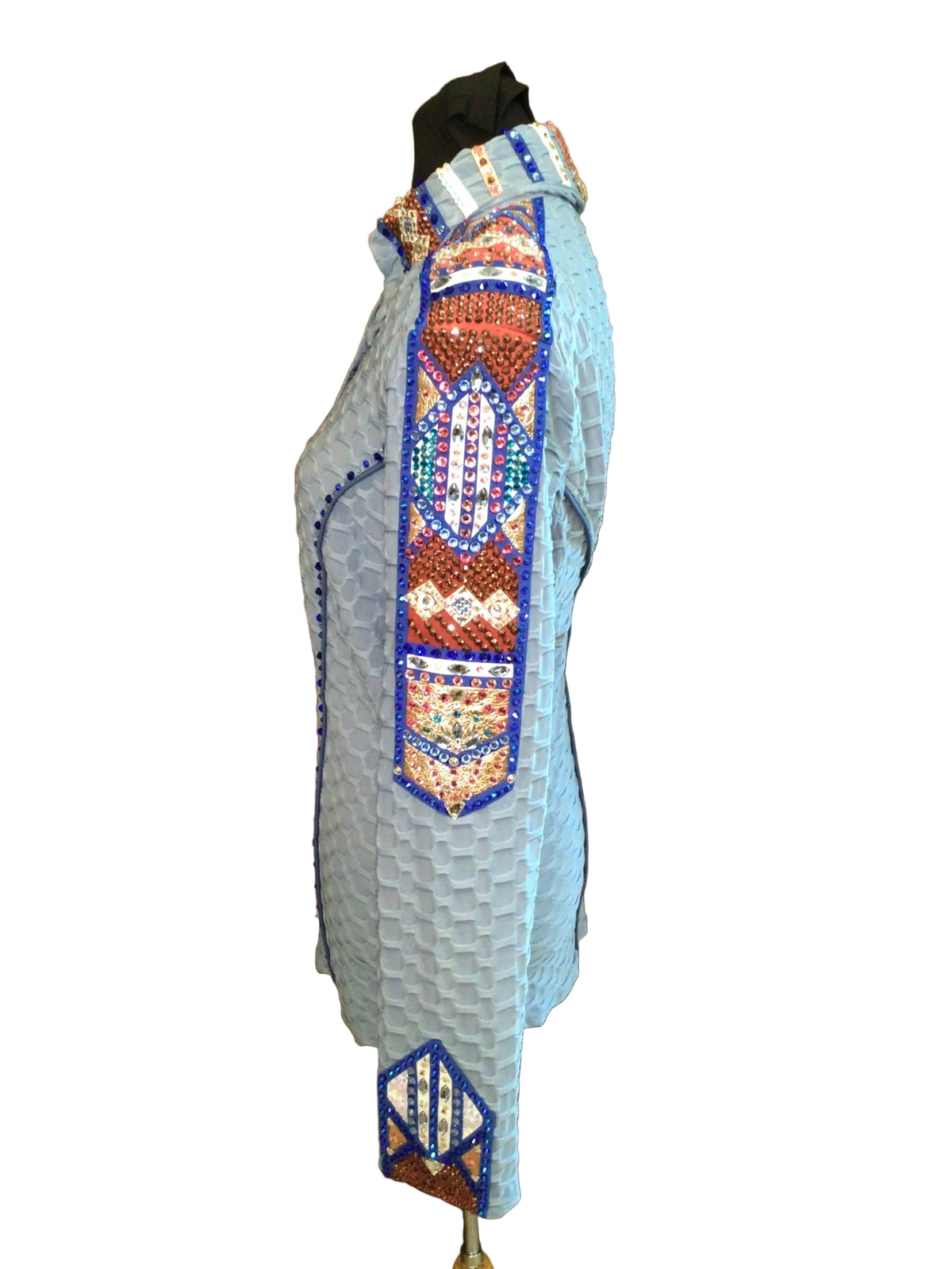 Large Light Blue Textured Stretch Lycra with Rust Colored Shoulder Details