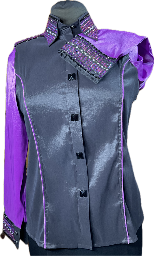 Medium black stretch taffeta day shirt with purple sleeves