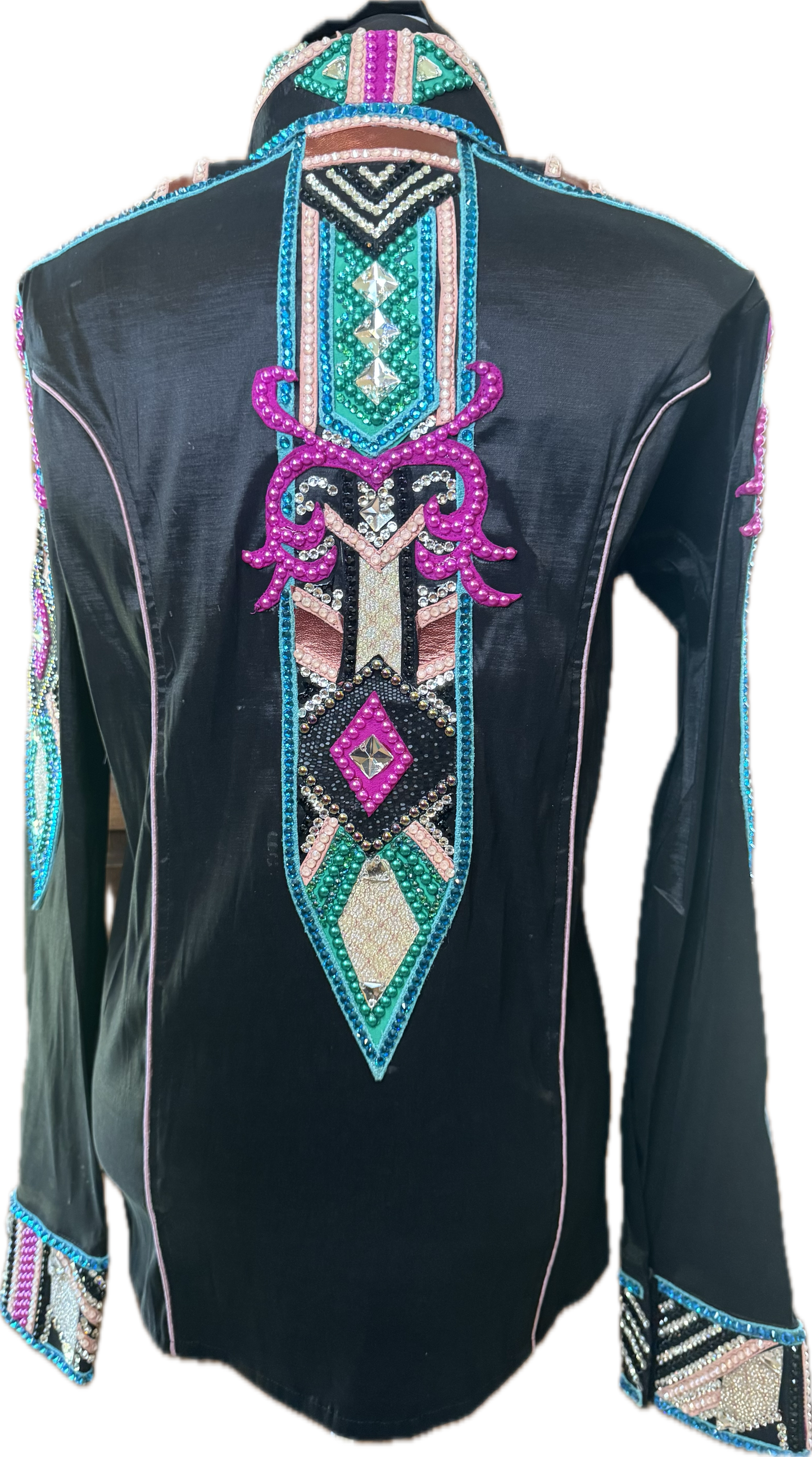 XL Black Stretch Taffeta with Turquoise, Teal, Pink and Mauve Accents