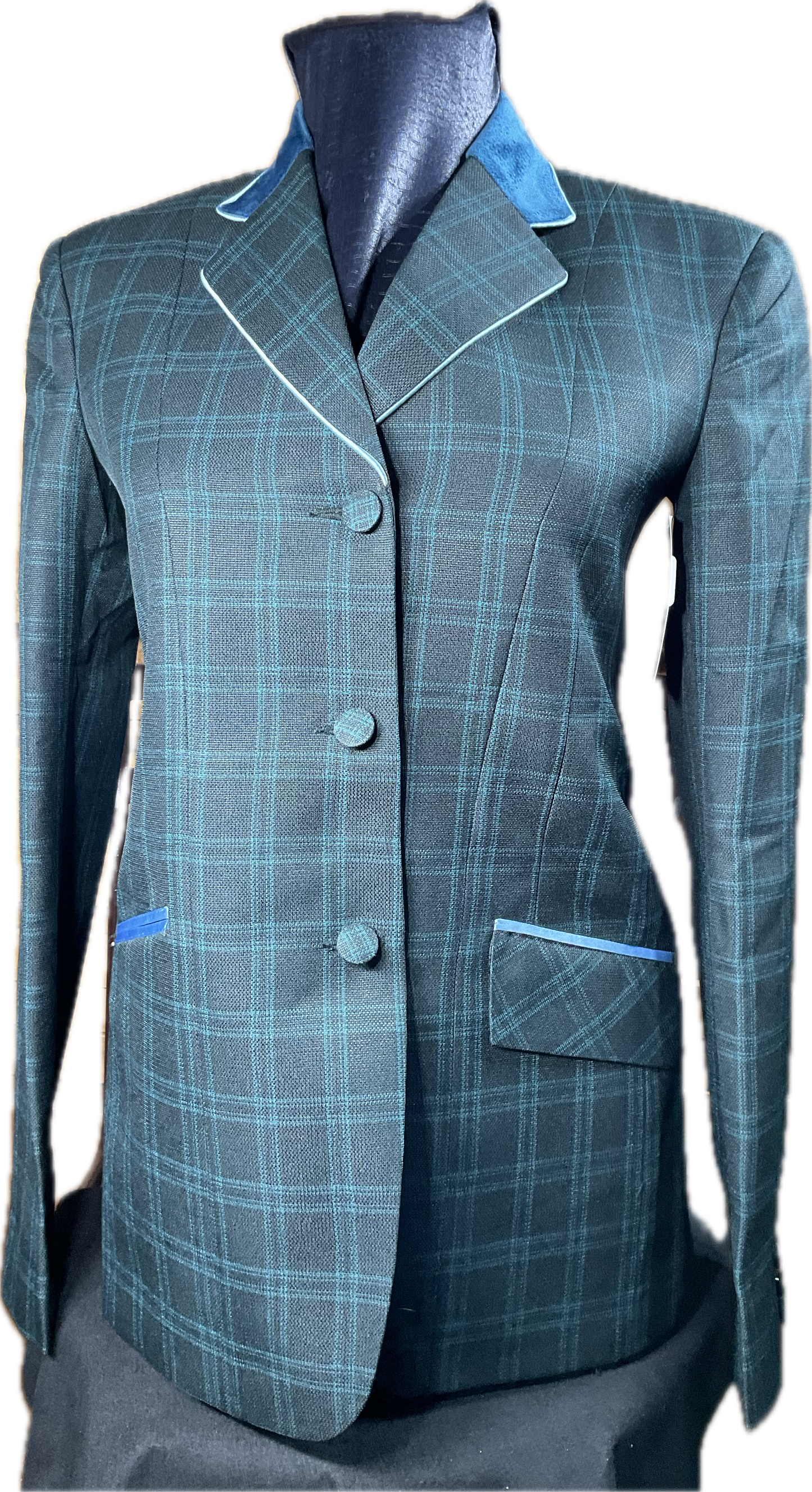 *32 Bust* Hunter green plaid with pale blue trims. Hidden zipper behind the buttons.