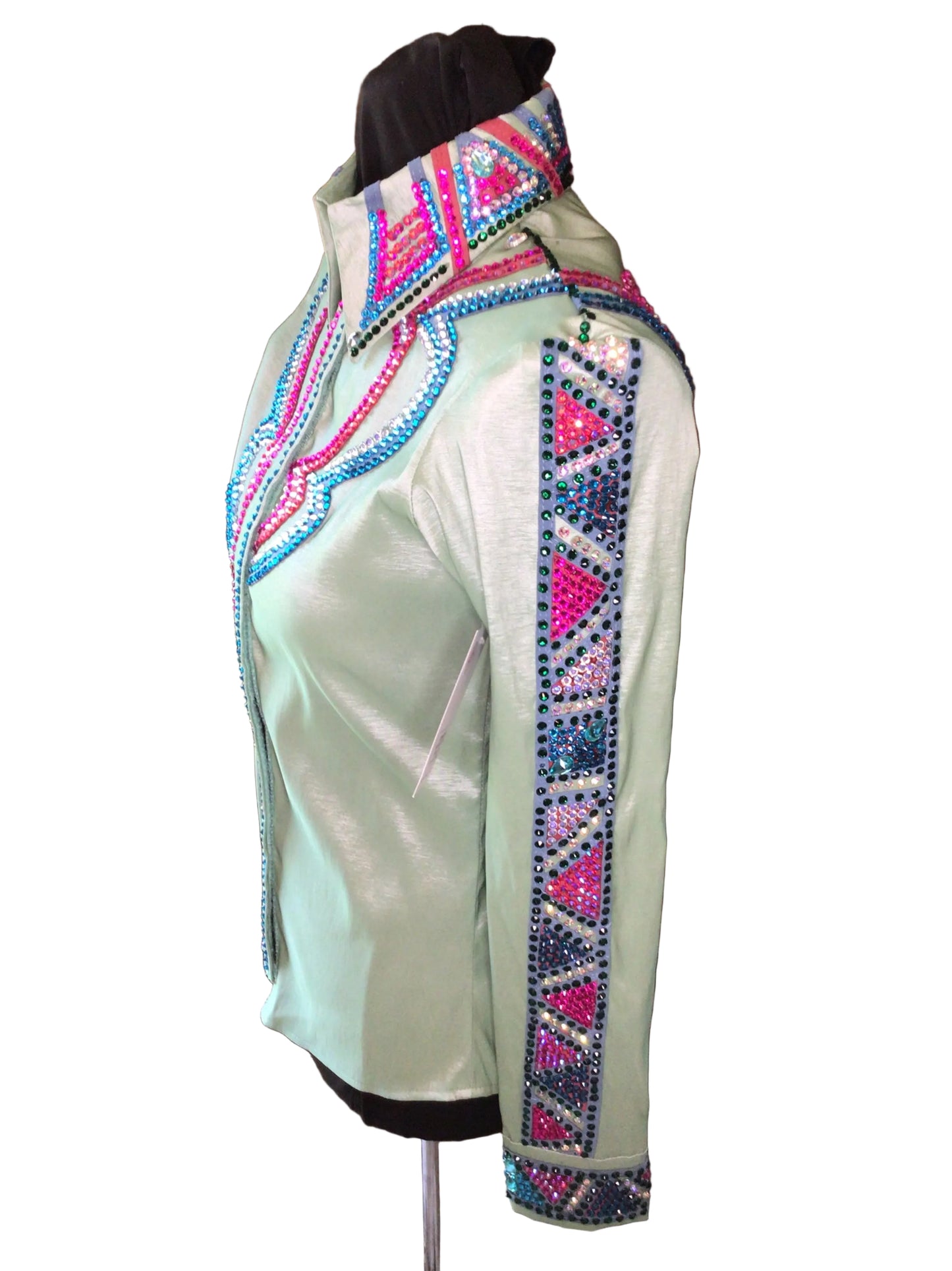 XS Sage Green Stretch Taffeta Day Shirt with Pink and Teal Crystals