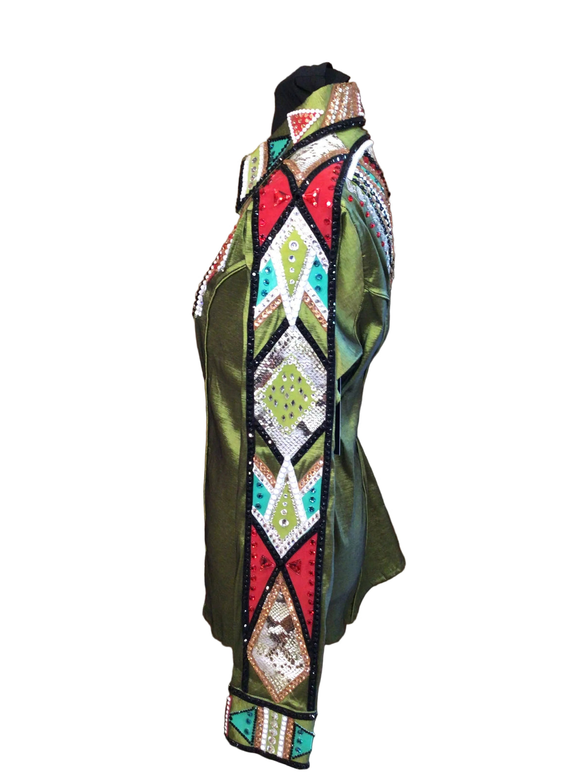 XL Green Stretch Taffeta Day Shirt with Multicolored Shoulder and Arm Detail
