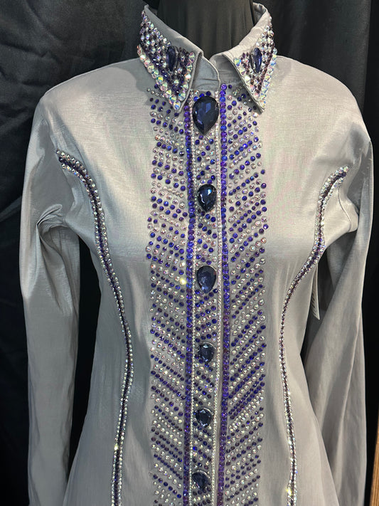 Small day shirt silver stretch taffeta, hidden zipper with purple accents