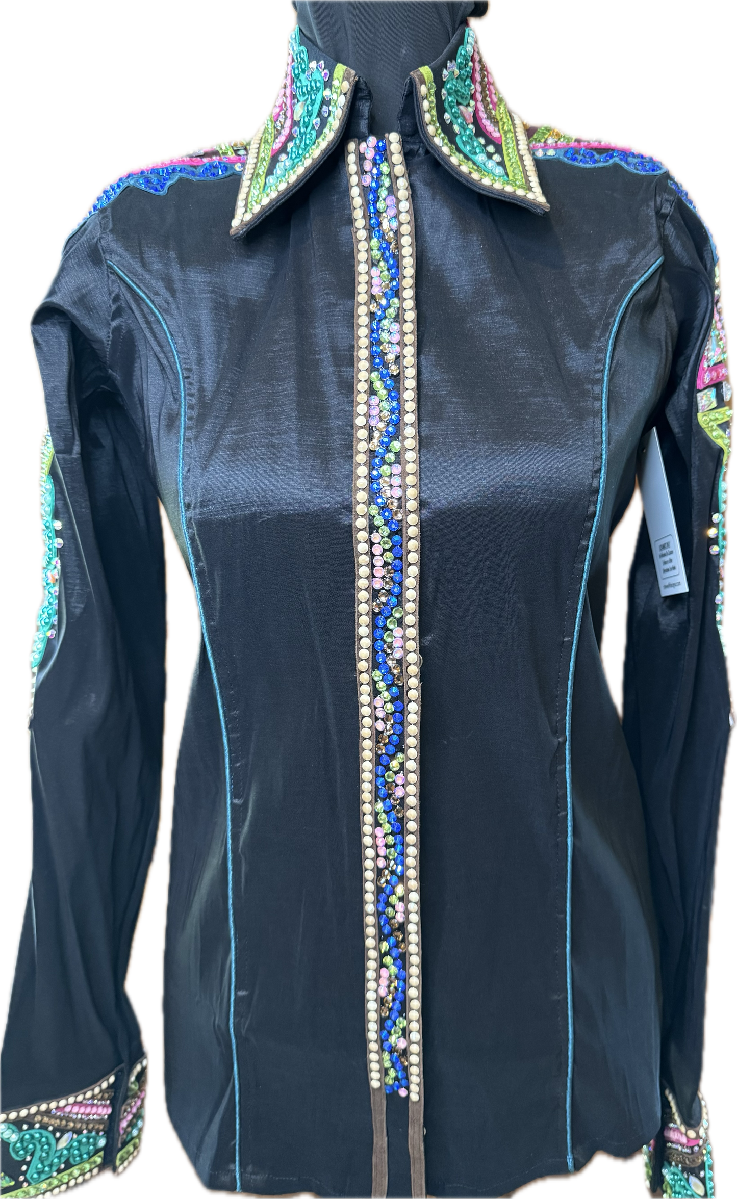 Small Black Stretch Taffeta with light green, dark green, brown with Blue Accents