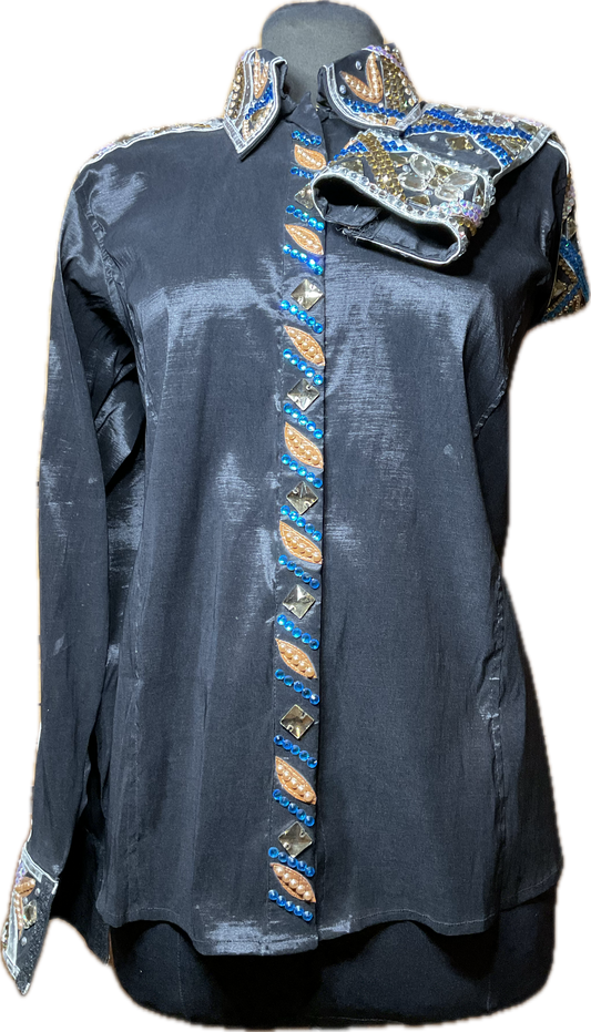 XXL Black stretch taffeta with silver, copper and blue accents