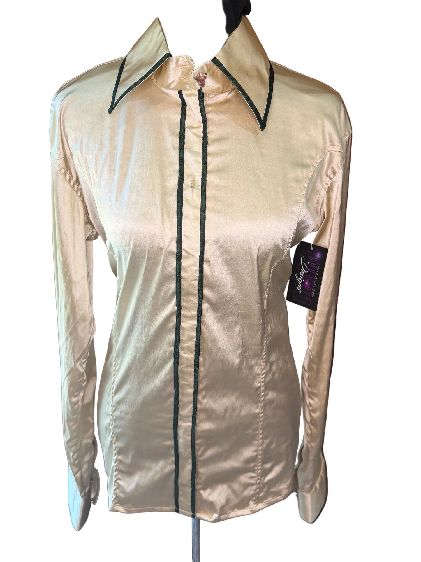 **Bust 38** Western Stretch Satin Shirt **Hidden Zipper Front** Gold/Deep Hunter Green