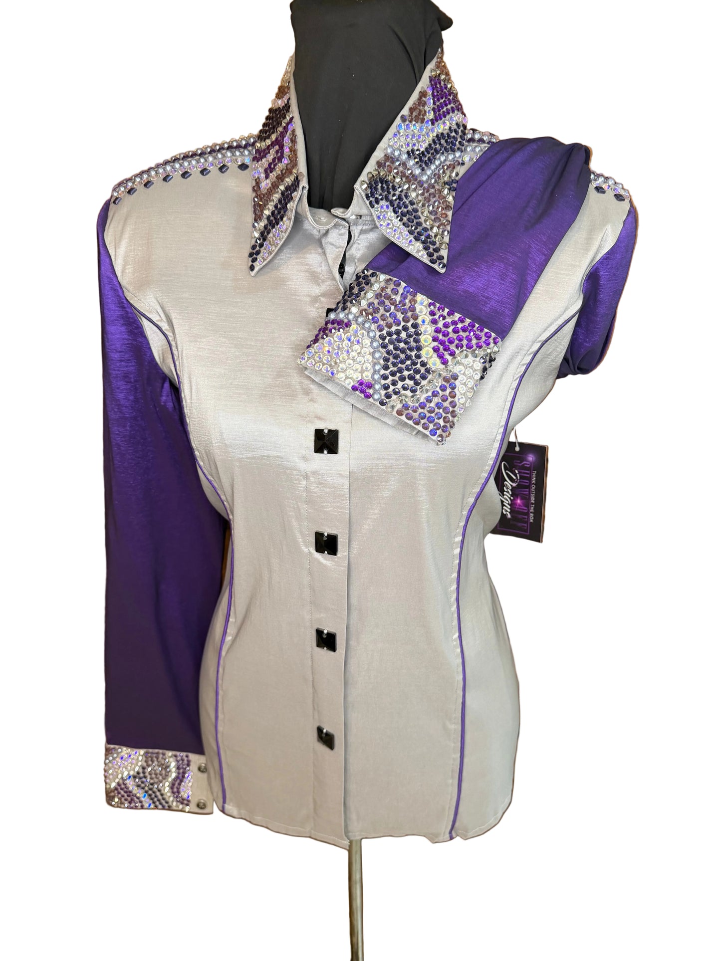 Large Grey Stretch Taffeta Day Shirt with Purple Sleeves