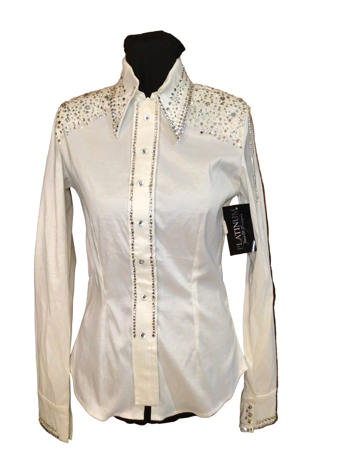Small White Stretch Taffeta Day Shirt with Silver Rhinestone Fringe Sleeves