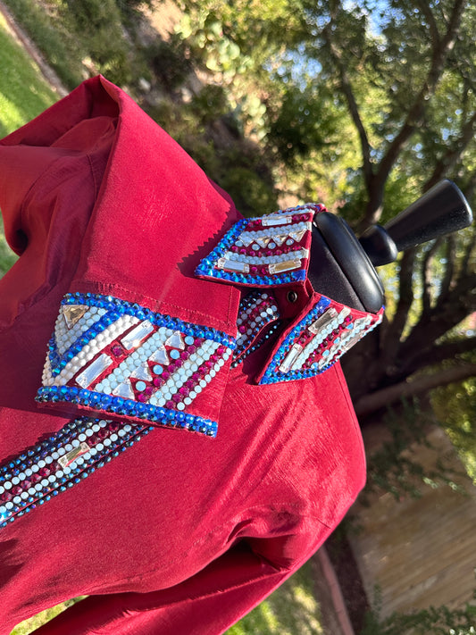 Size large day shirt burgundy and blues hidden zipper stretch taffeta