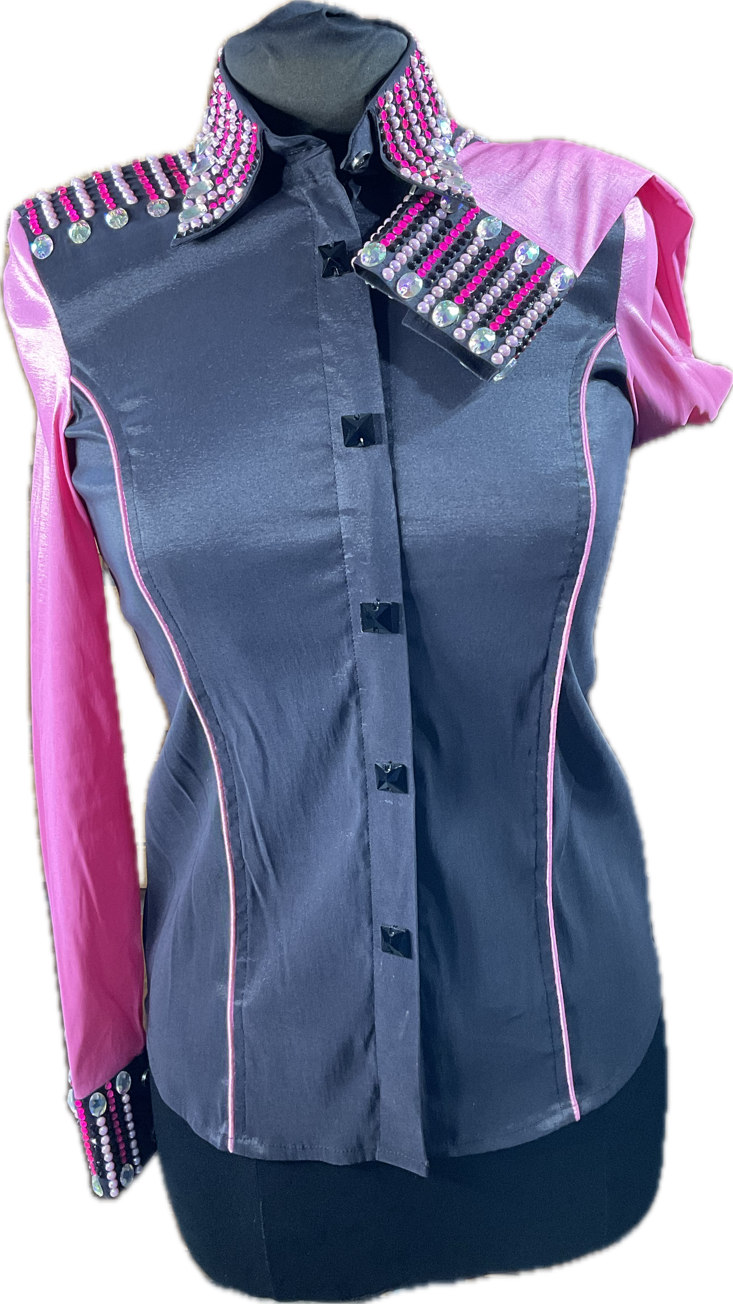 Small black stretch taffeta day shirt with sachet pink sleeves