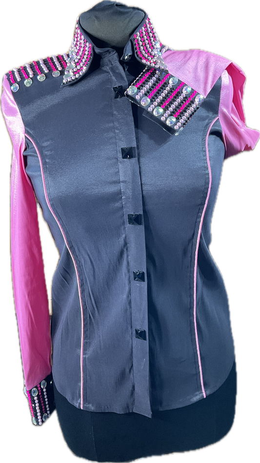 Small black stretch taffeta day shirt with sachet pink sleeves