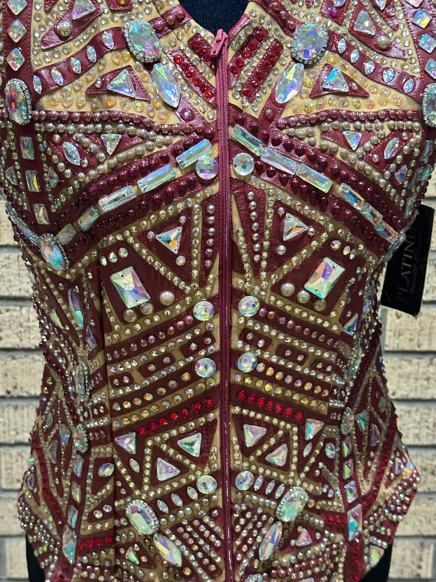 Size Small Vest Brick Red Leather Design and Gold AB crystals