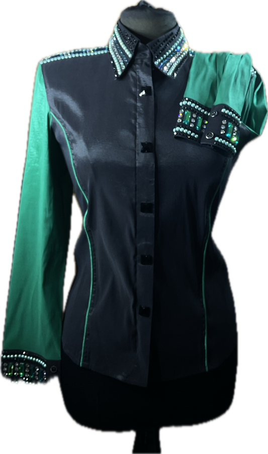 XL black stretch taffeta day shirt with emerald green sleeves