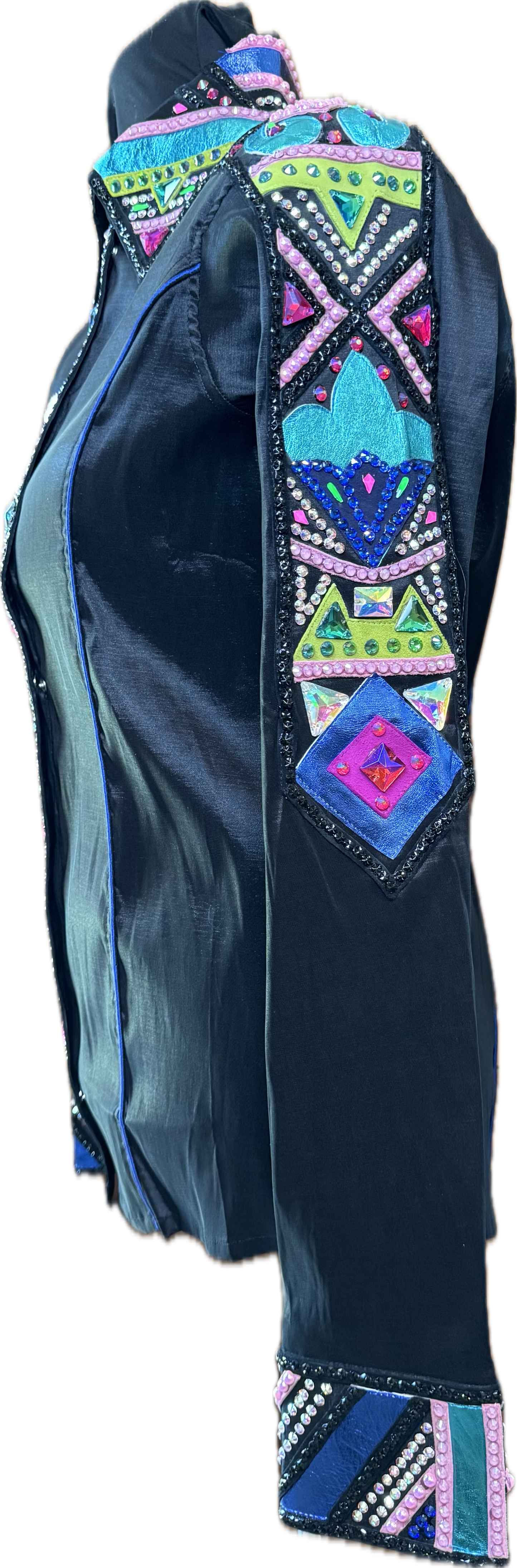 Large Black Stretch Taffeta with Turquoise, Pink, and Green Accents