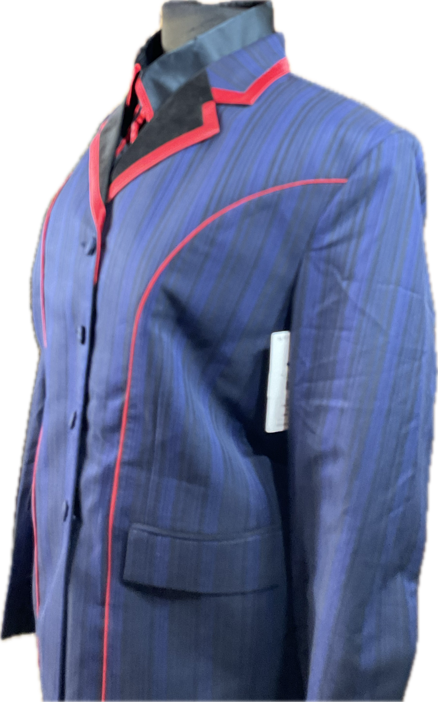 *44 Bust* Blue and black pinstripe with matching red shirt with hidden zippers