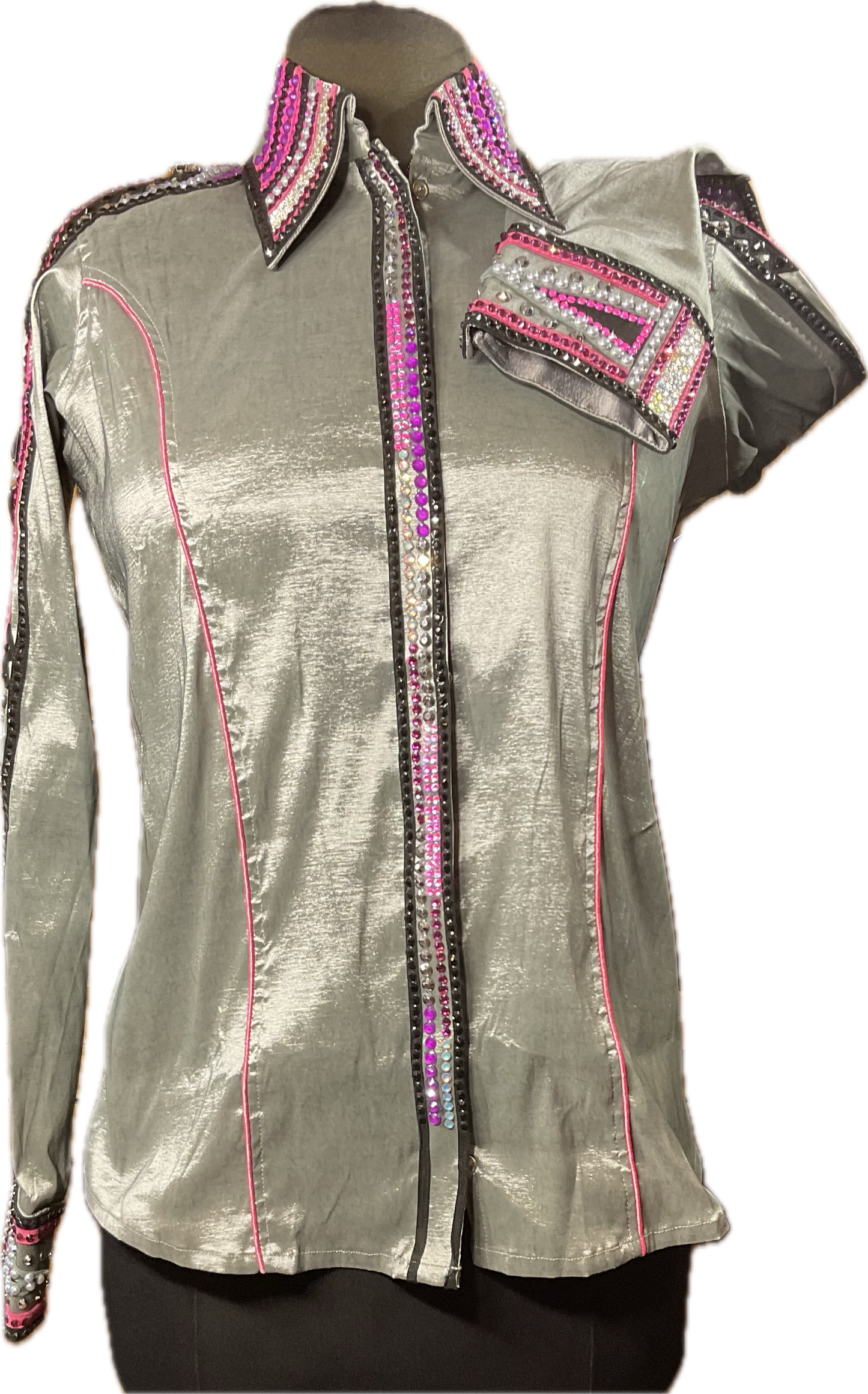 Size Medium grey stretch taffeta with pinks, silver and black designs