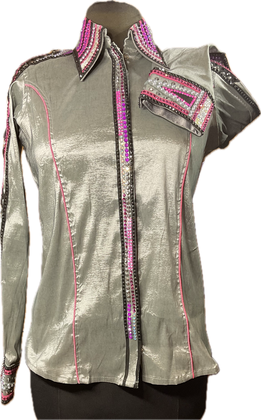 Size Medium grey stretch taffeta with pinks, silver and black designs