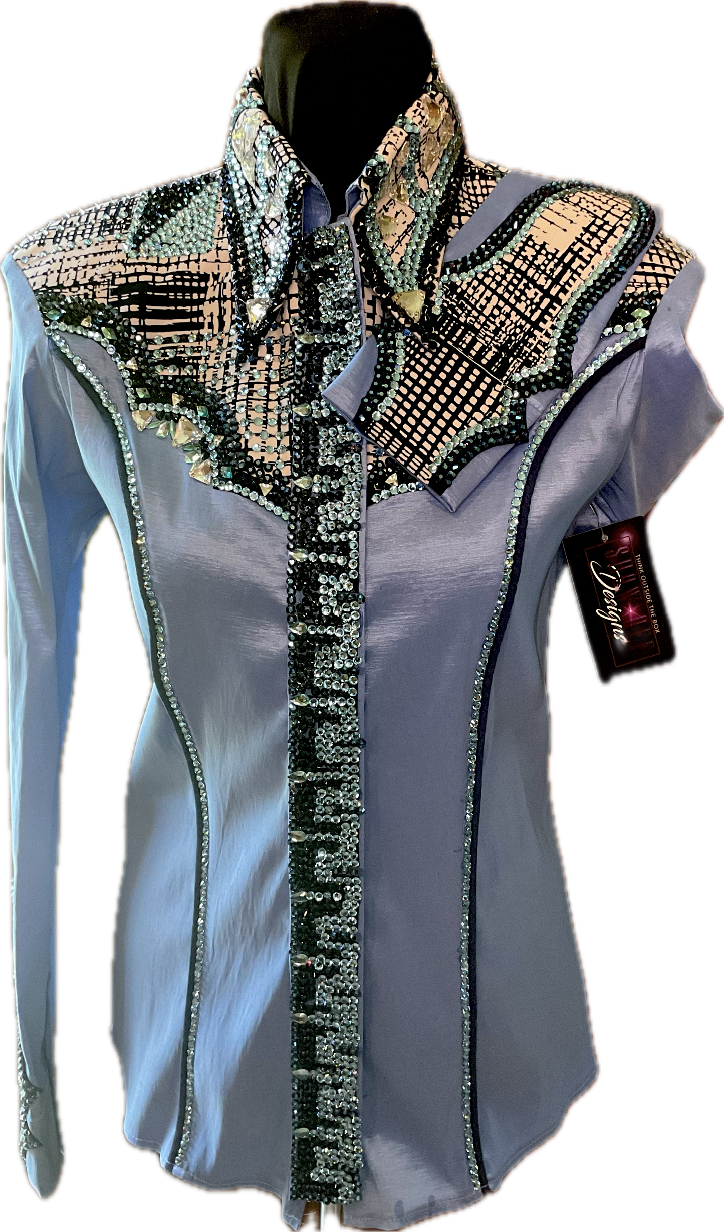 Size Small Light Blue Striped Stretch Taffeta Day Shirt with Black and Aqua Detail