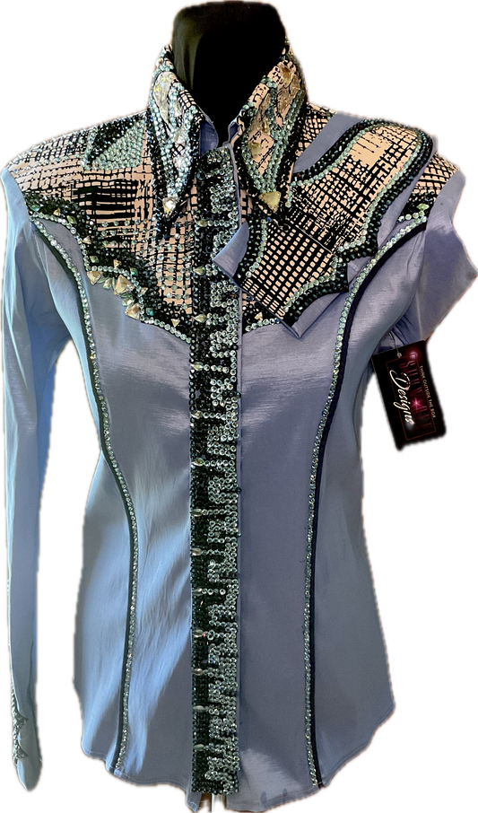 Size Small Light Blue Striped Stretch Taffeta Day Shirt with Black and Aqua Detail