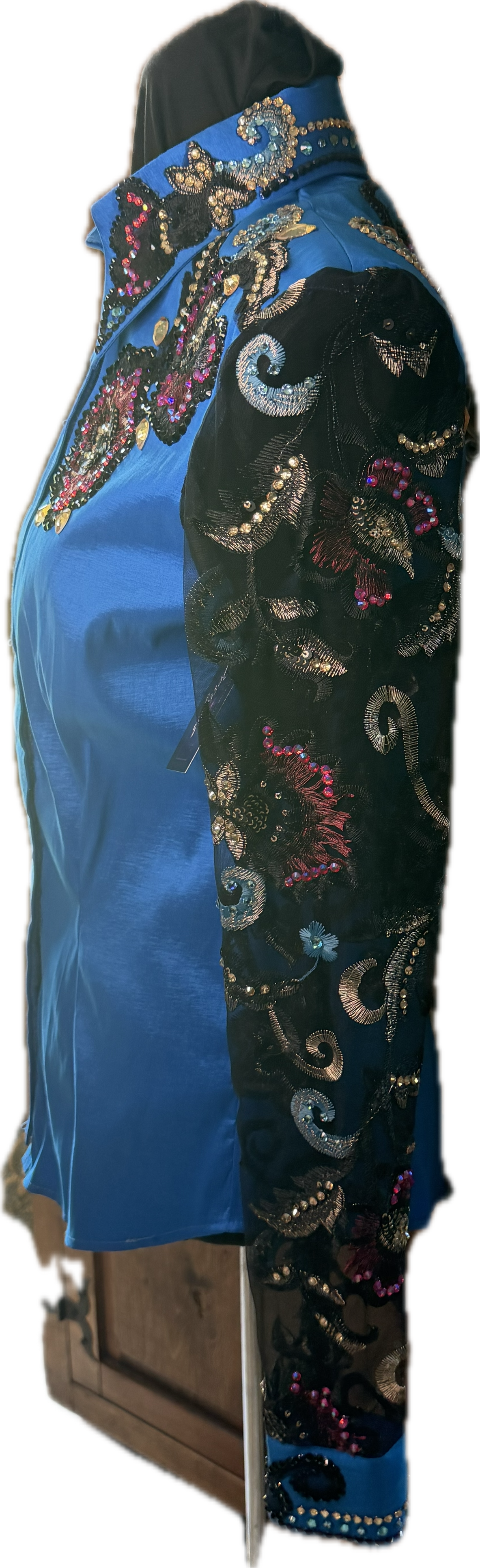 Medium Show Turquoise and Floral Stretch Taffeta Day Shirt with Sheer Sleeves
