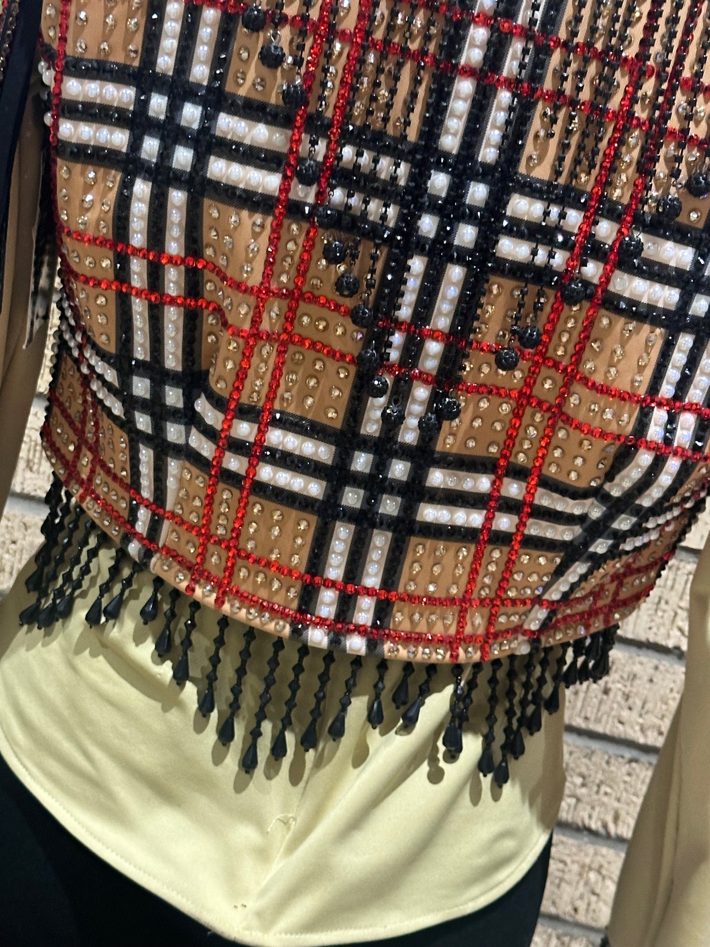 Extra Small Gold, and red plaid Bollero Vest WITH DETACHABLE FRINGE. back fringe and bottom fringe