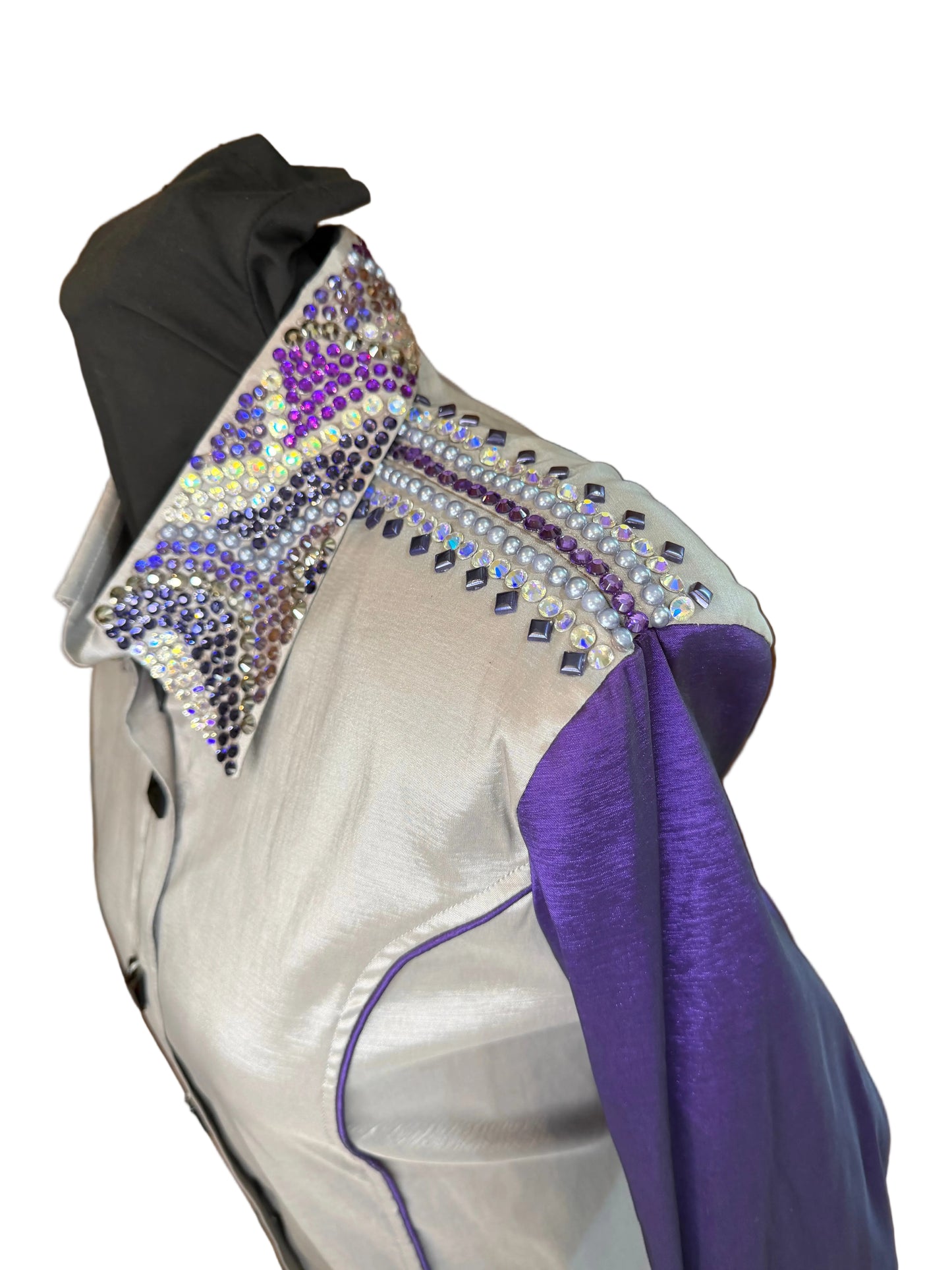 Large Grey Stretch Taffeta Day Shirt with Purple Sleeves