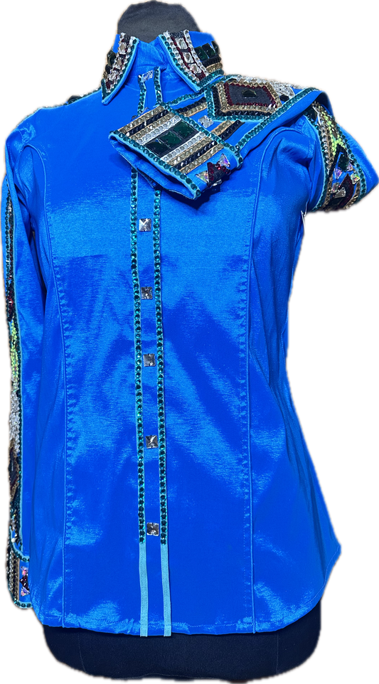 Size Medium Bright Turquoise Stretch Taffeta Day Shirt with Black, Gold, Red, Green and White